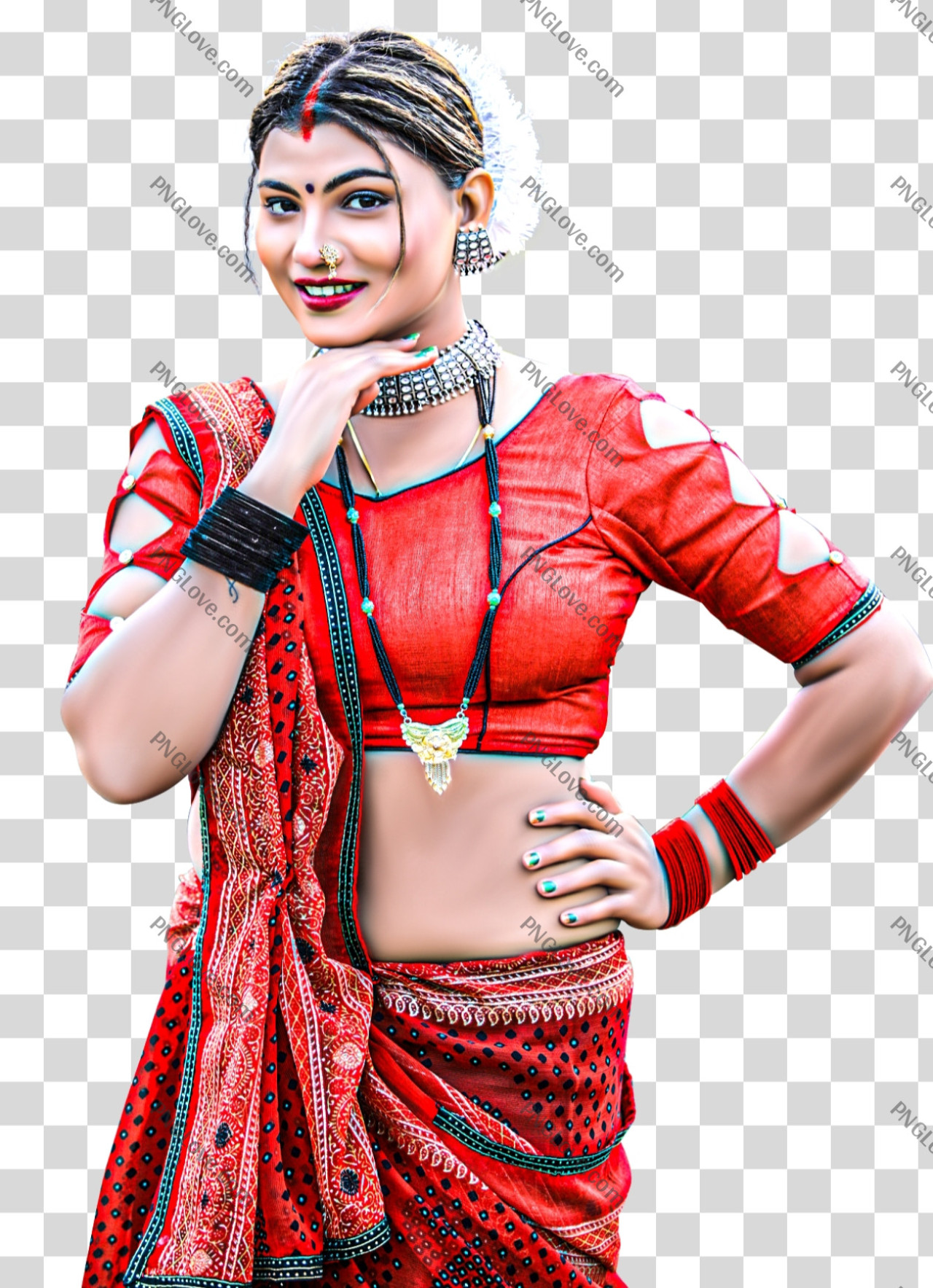 Smiling Indian Woman in Red Traditional Saree Transparent PNG...