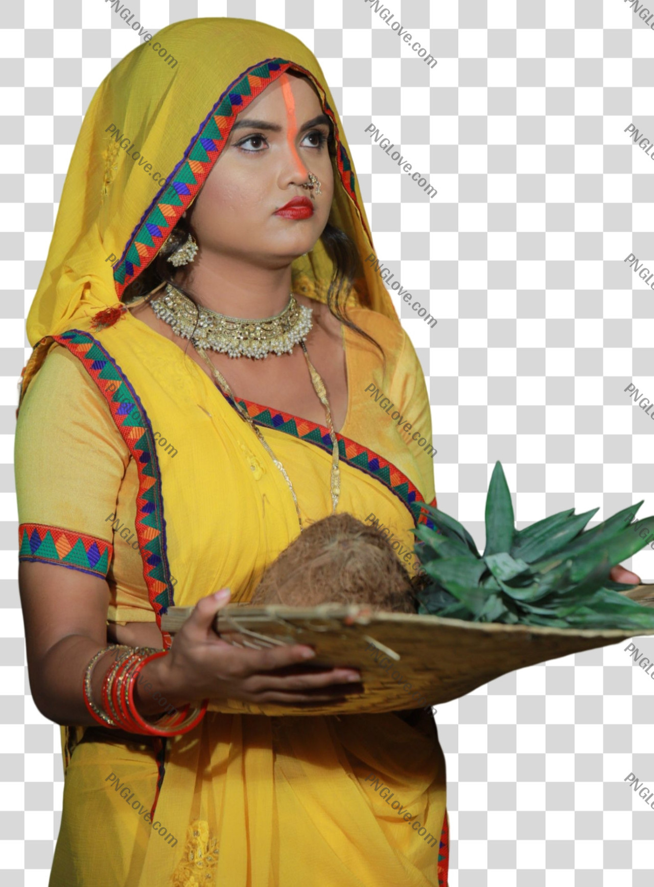 Chhath Varti Woman in Yellow Saree Transparent PNG...