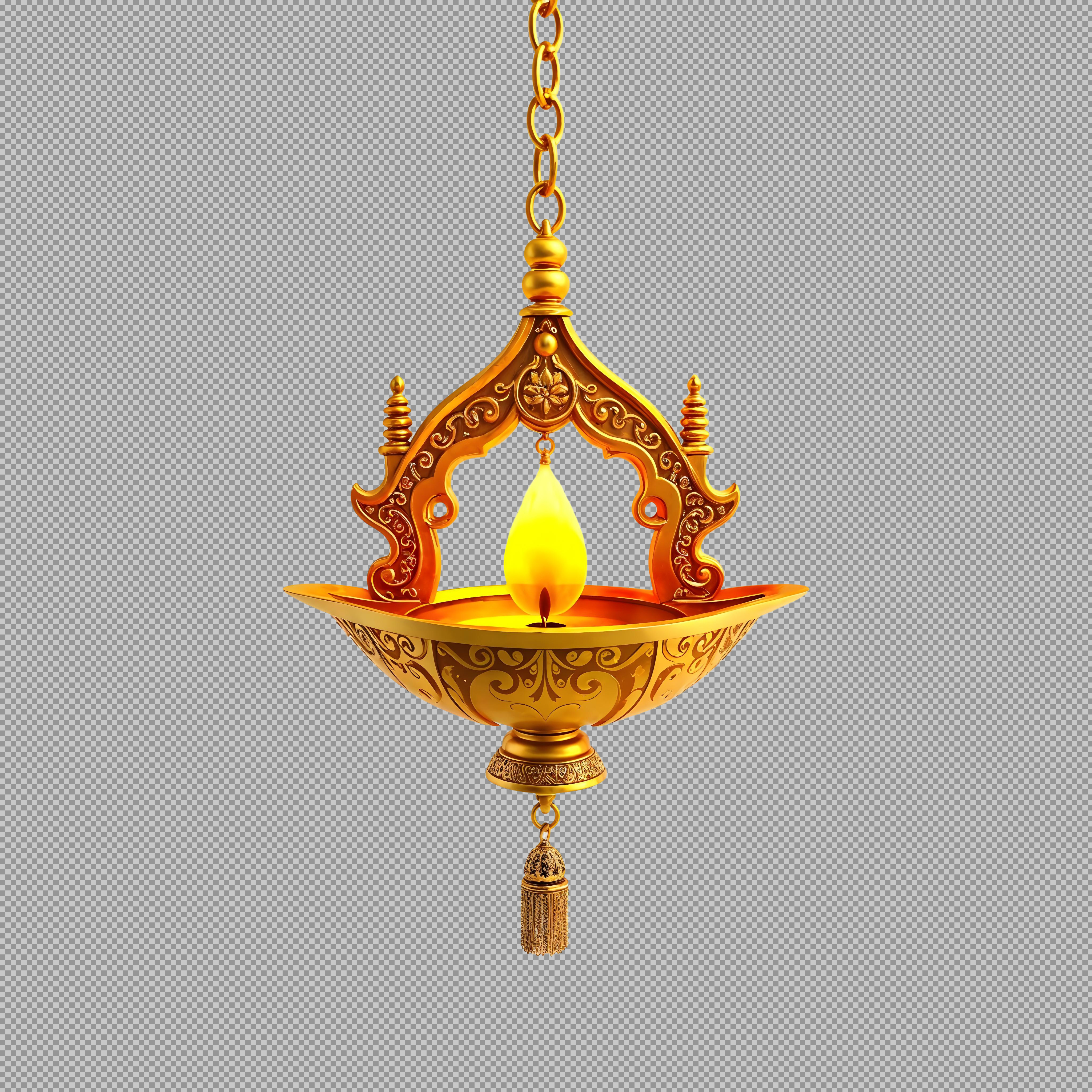 Ornate Golden Hanging Diya PNG | Traditional Indian Oil Lamp