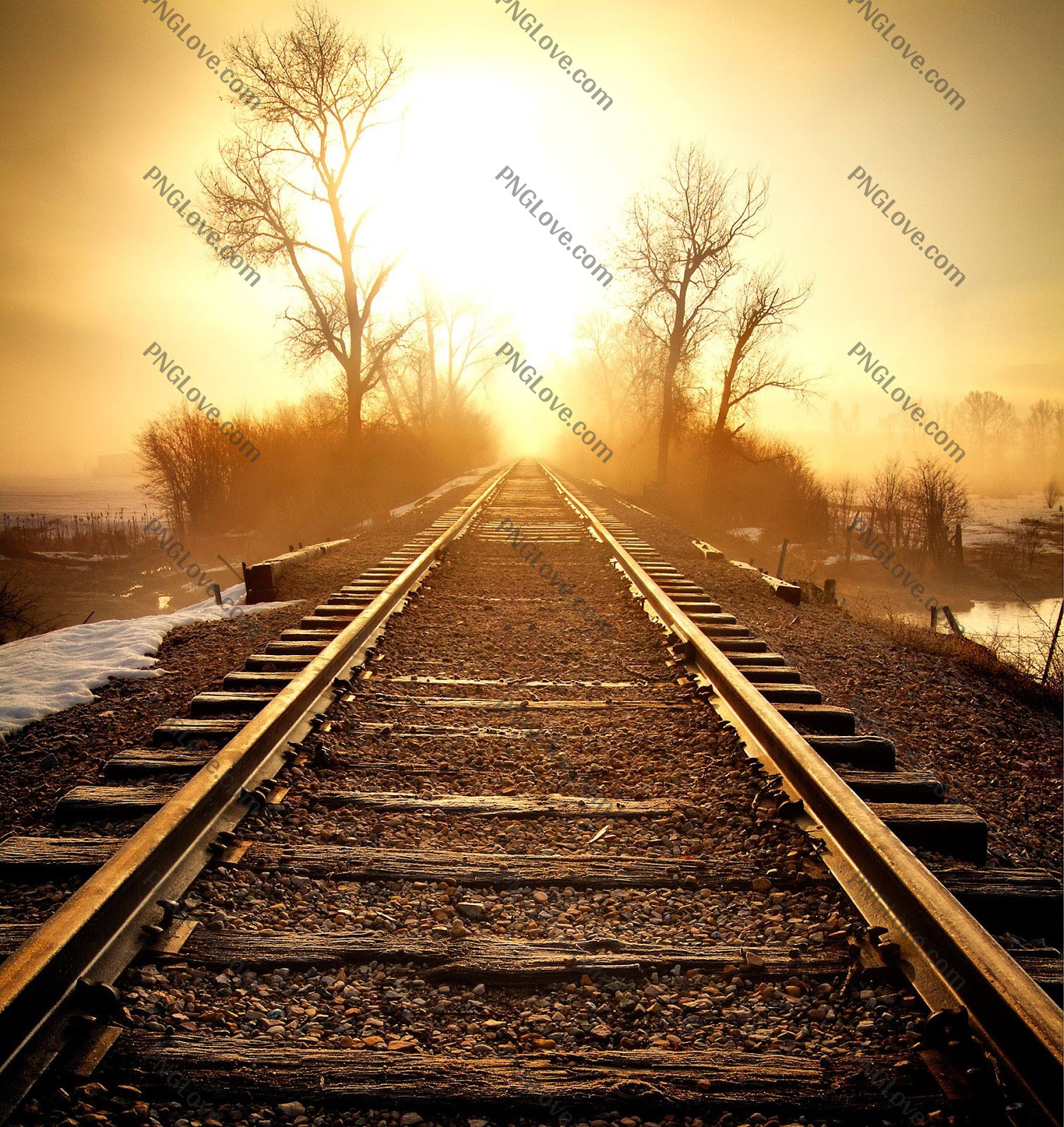 Railroad Tracks into Golden Sunrise | Misty Landscape Wallpaper