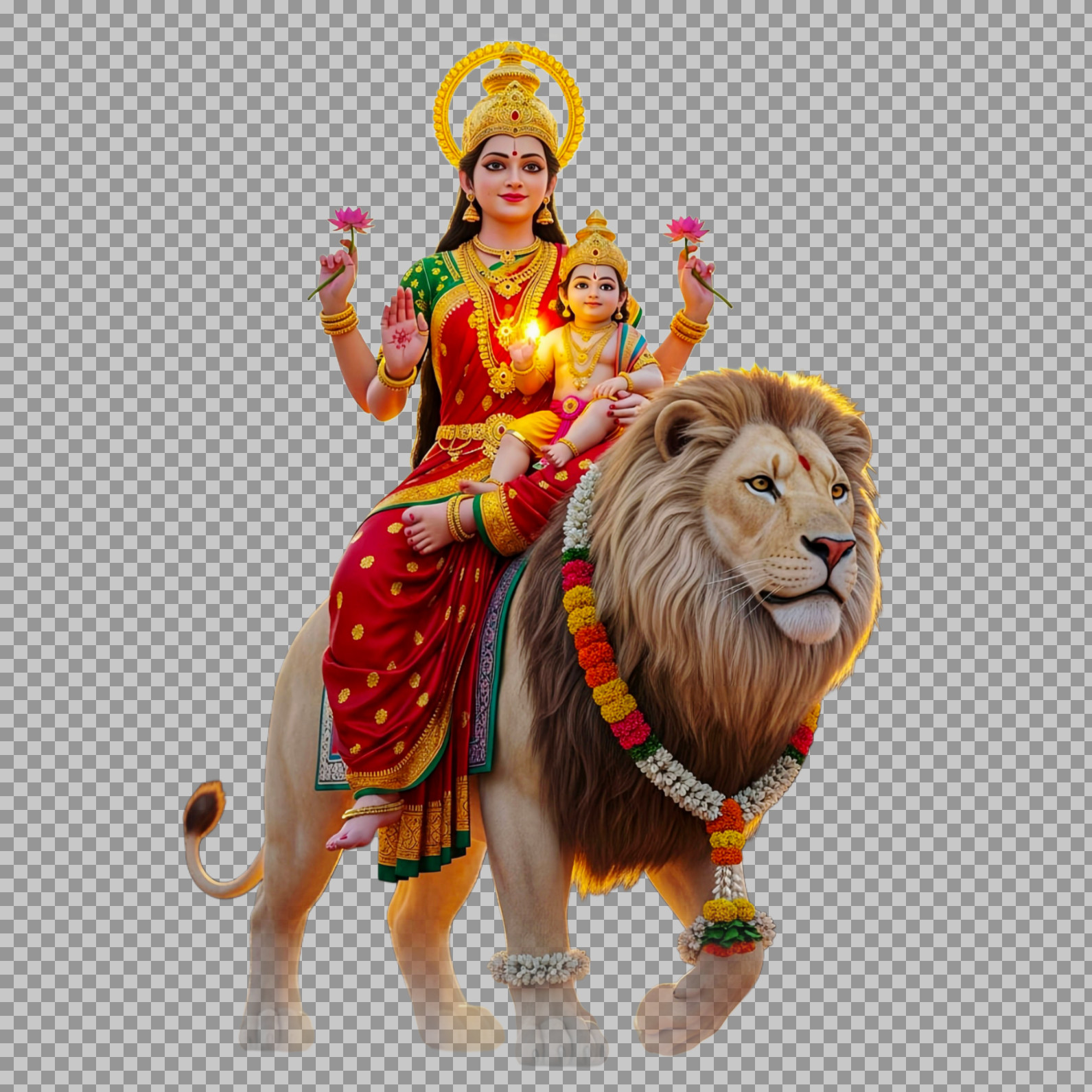 Maa Skandamata with Lord Skanda on Lion PNG | Free HD Download