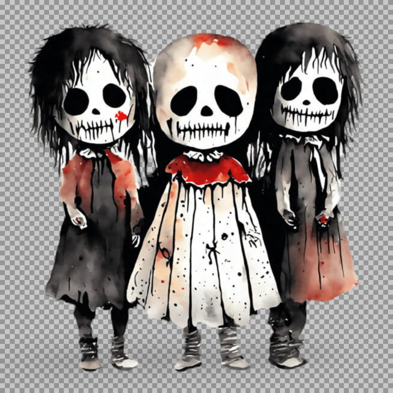 Creepy Skeleton Dolls PNG | Gothic Watercolor Horror Art...