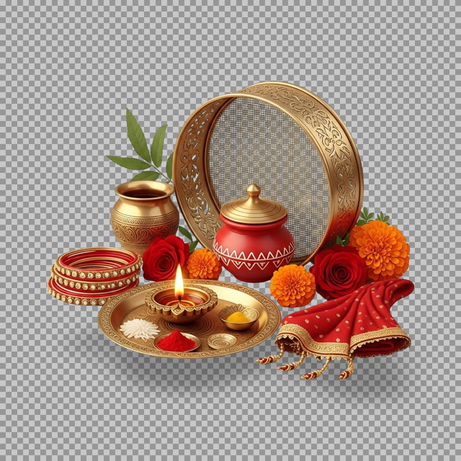 Complete Karwa Chauth Puja Set PNG | Indian Festival