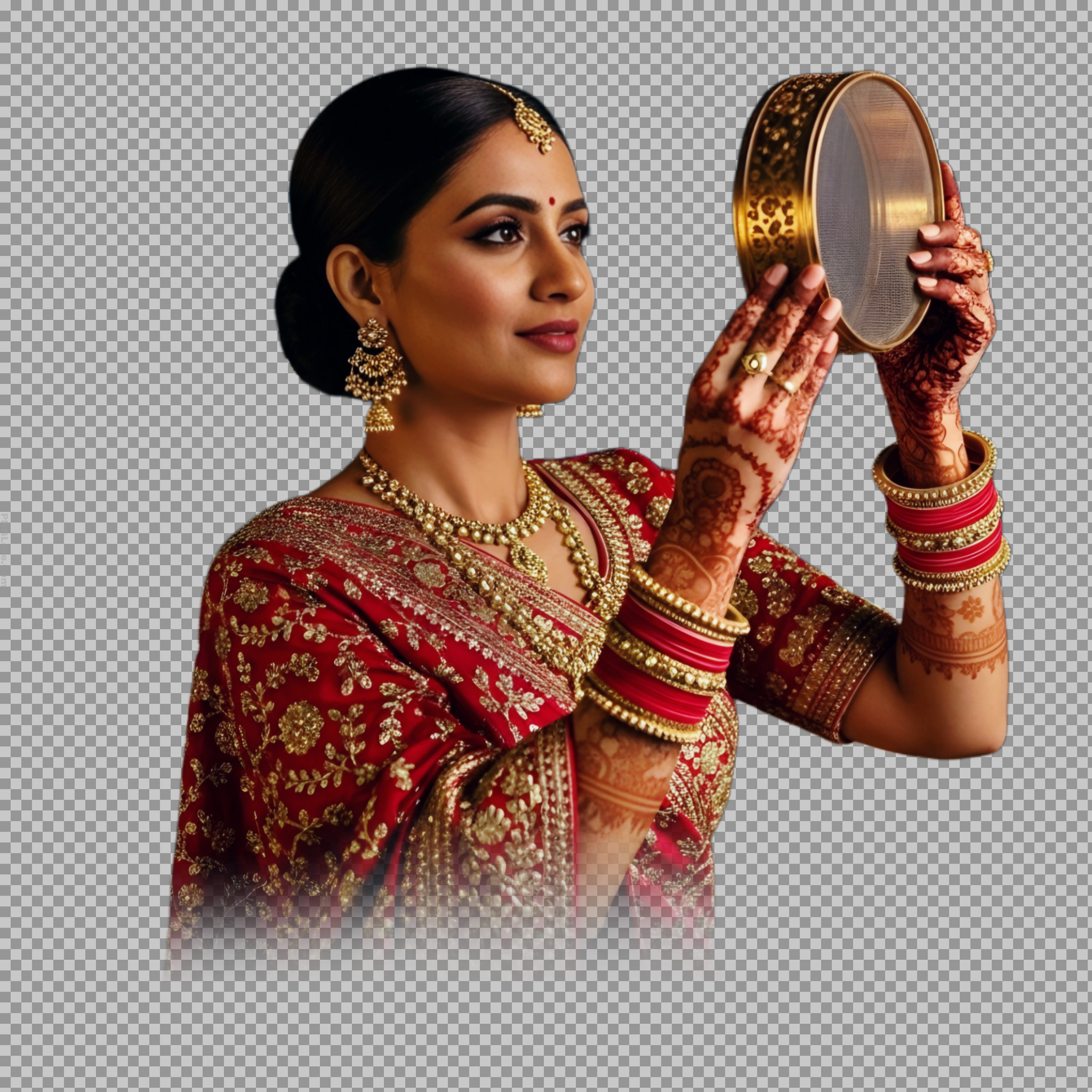 Beautiful Indian Woman Celebrating Karwa Chauth | Traditional PNG Image