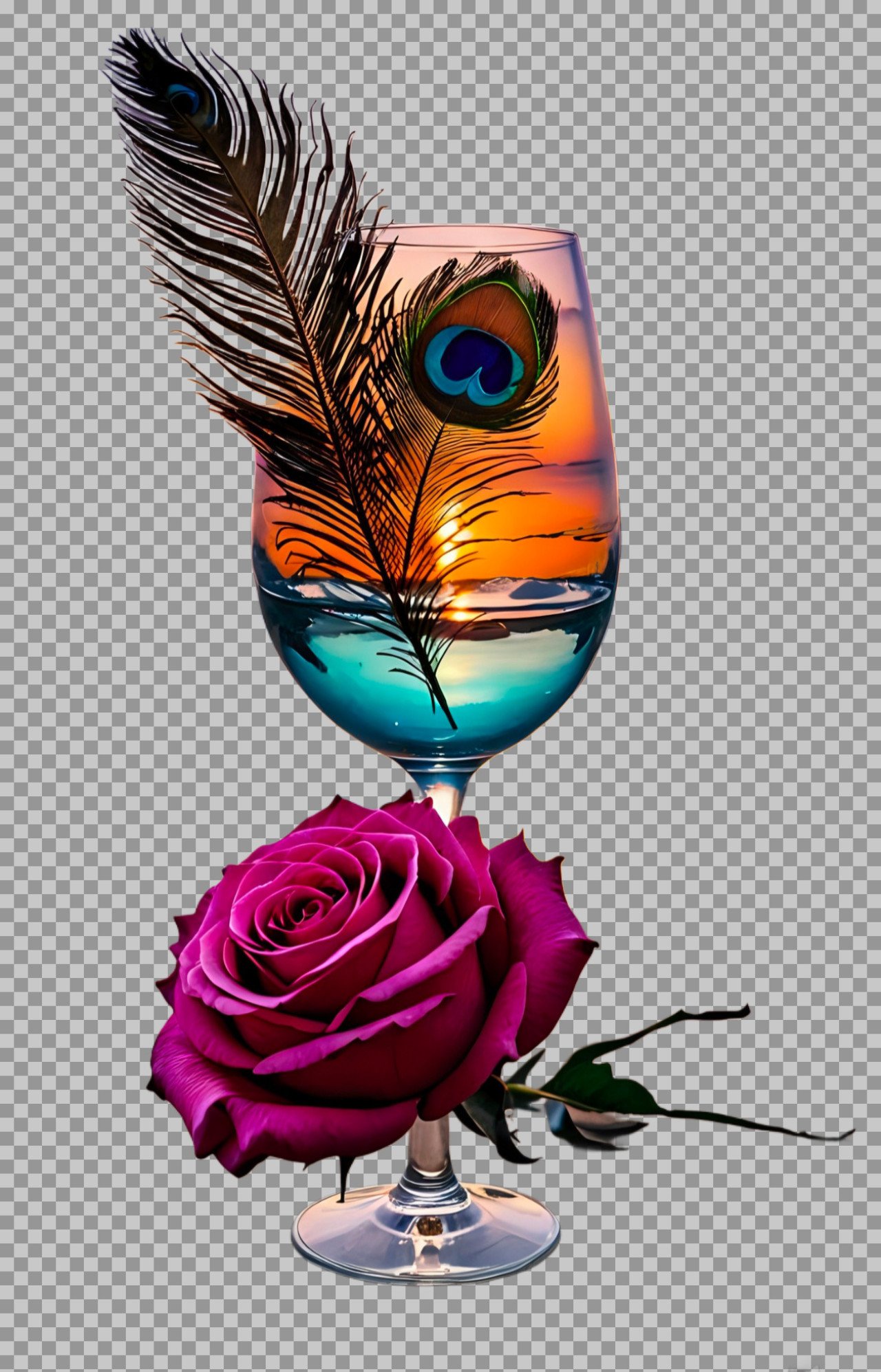 glass tumbler decorated with peacock feather and rose PNG images download...