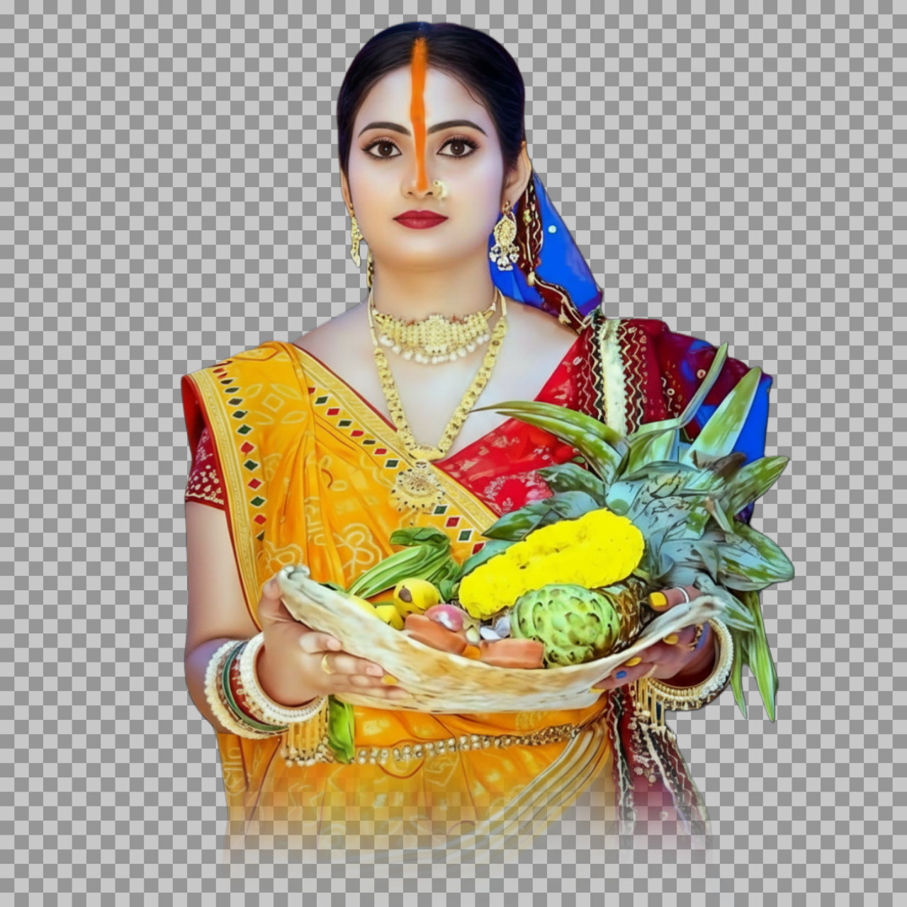 Woman Celebrating Chhath Puja with Offerings | Festival PNG