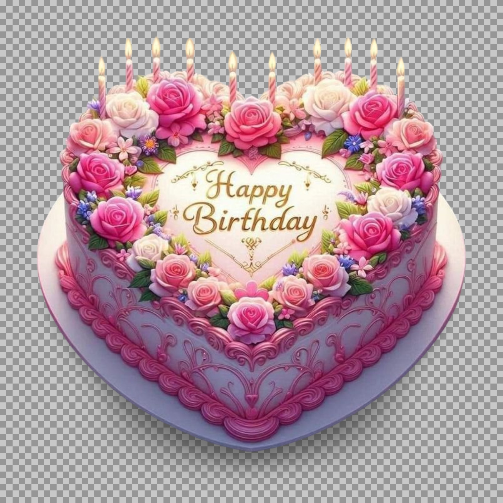 Romantic Heart-Shaped Birthday Cake | Floral PNG Image...