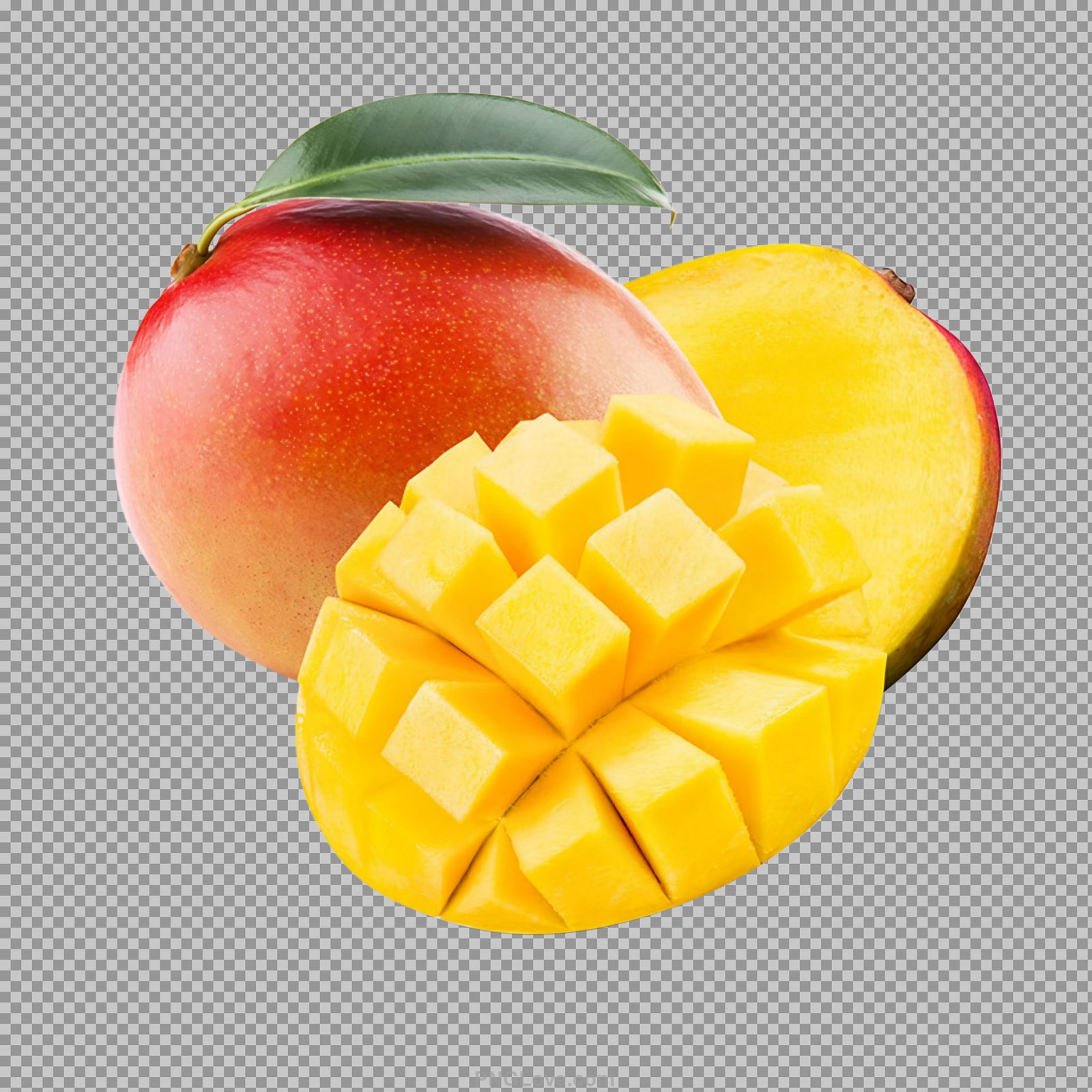 Set mango fruit and sliced with leaves PNG transparent images...