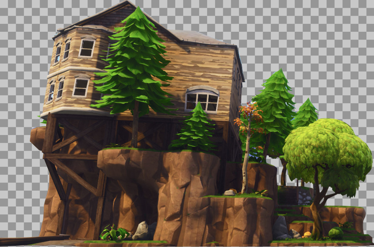 Stylized Wooden House on Cliff PNG | 3D Game Art Building...