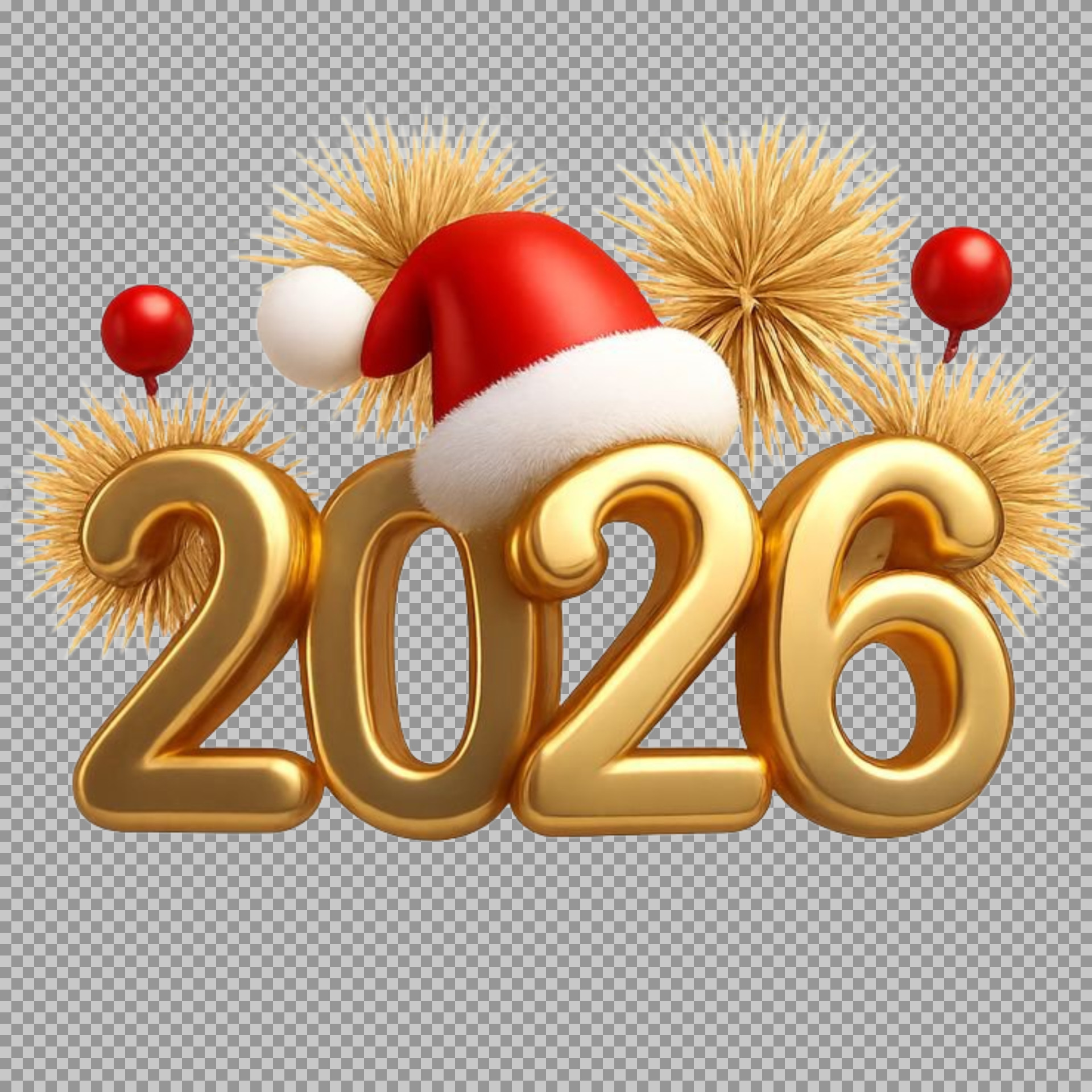 Gold 3D 2026 with Santa Hat | Christmas & New Year PNG