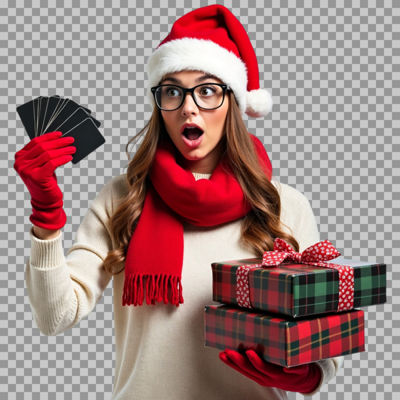 Surprised Christmas Shopper PNG | Woman with Gifts & Cards...