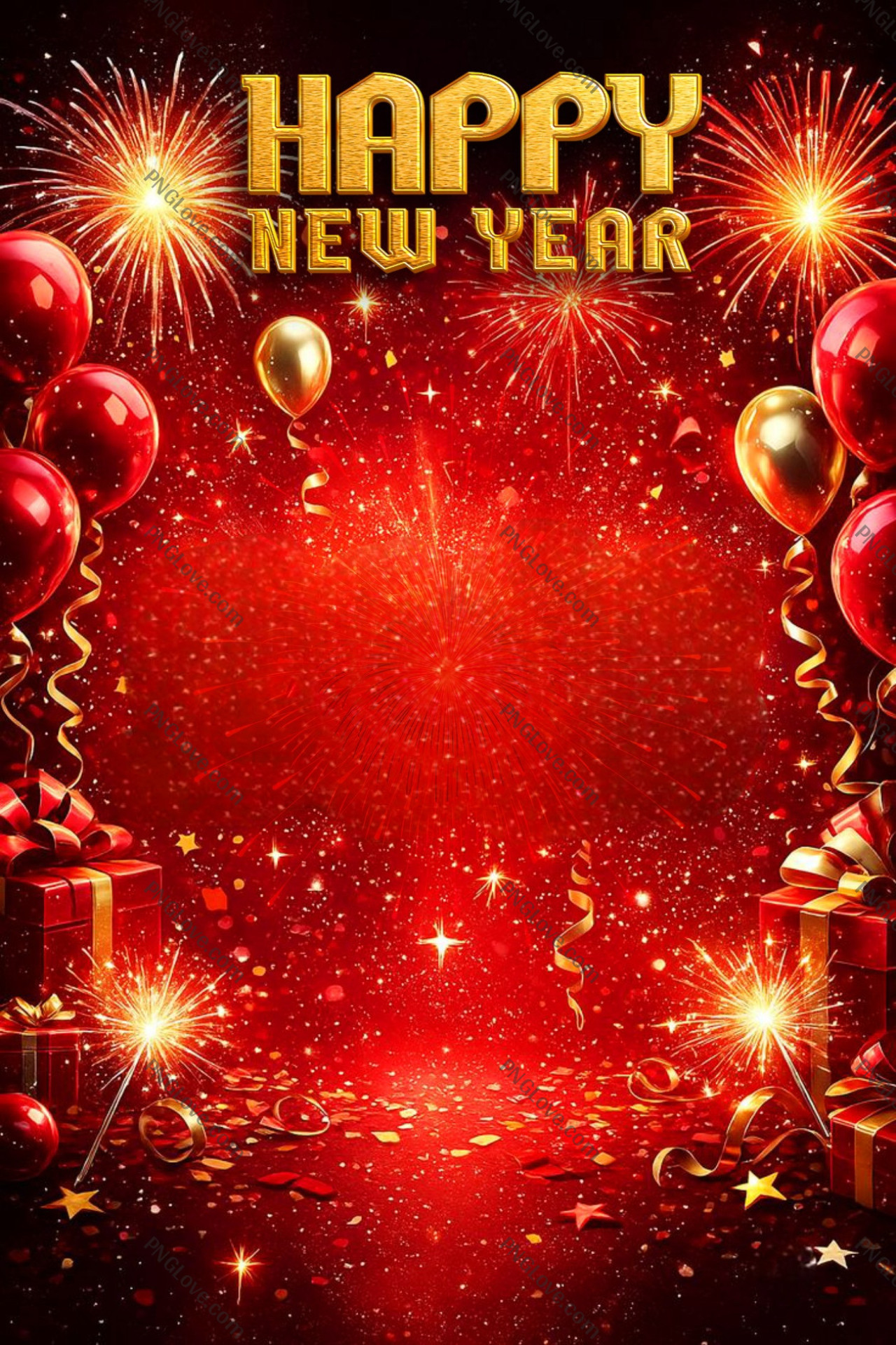 Happy New Year Red Background – Fireworks, Balloons & Gifts...
