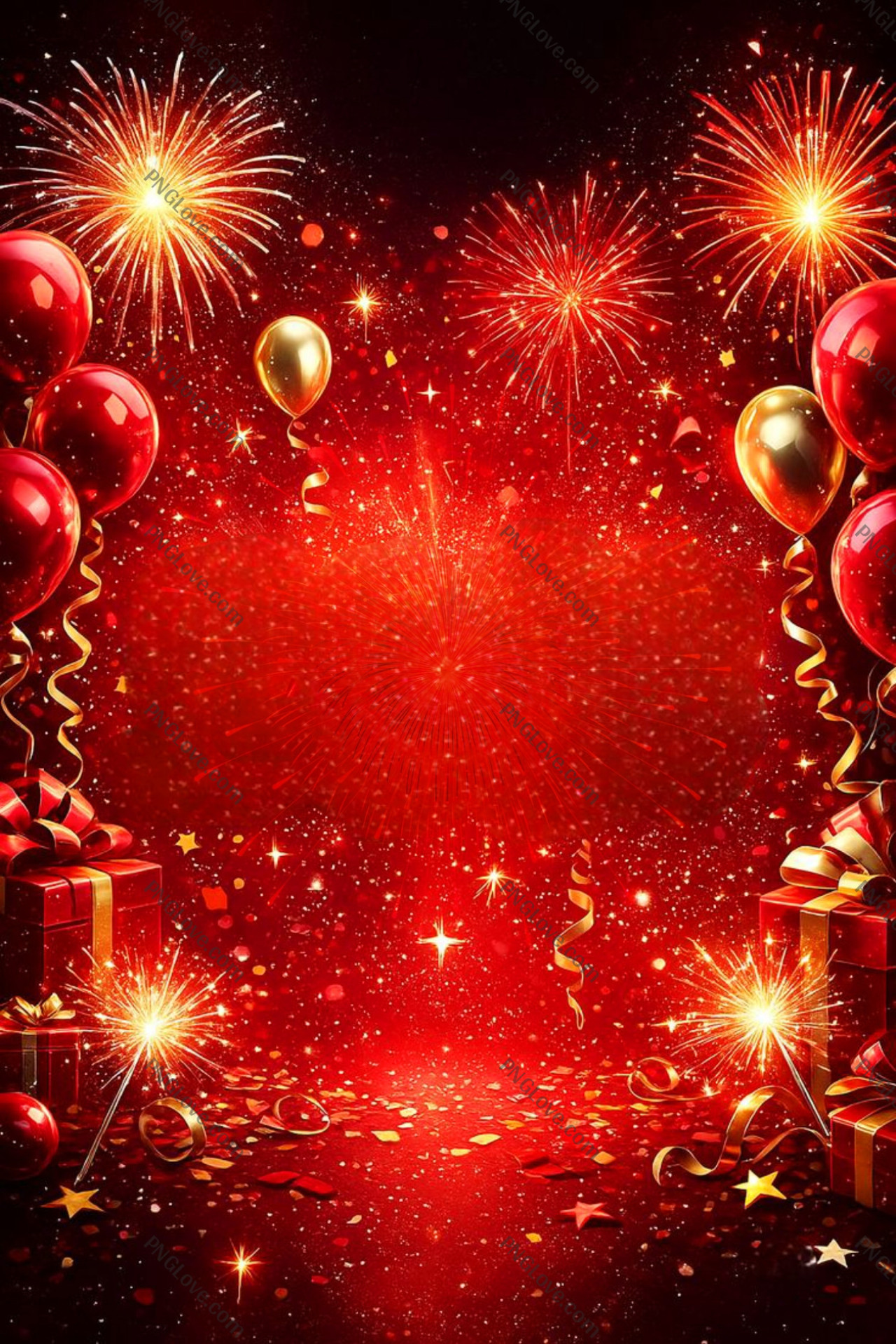 Festive Red New Year Background with Fireworks & Party Elements...