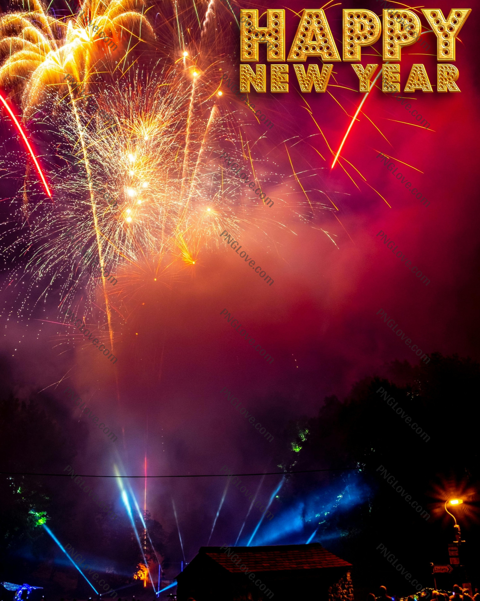 Happy New Year Fireworks Background with Golden Marquee Text