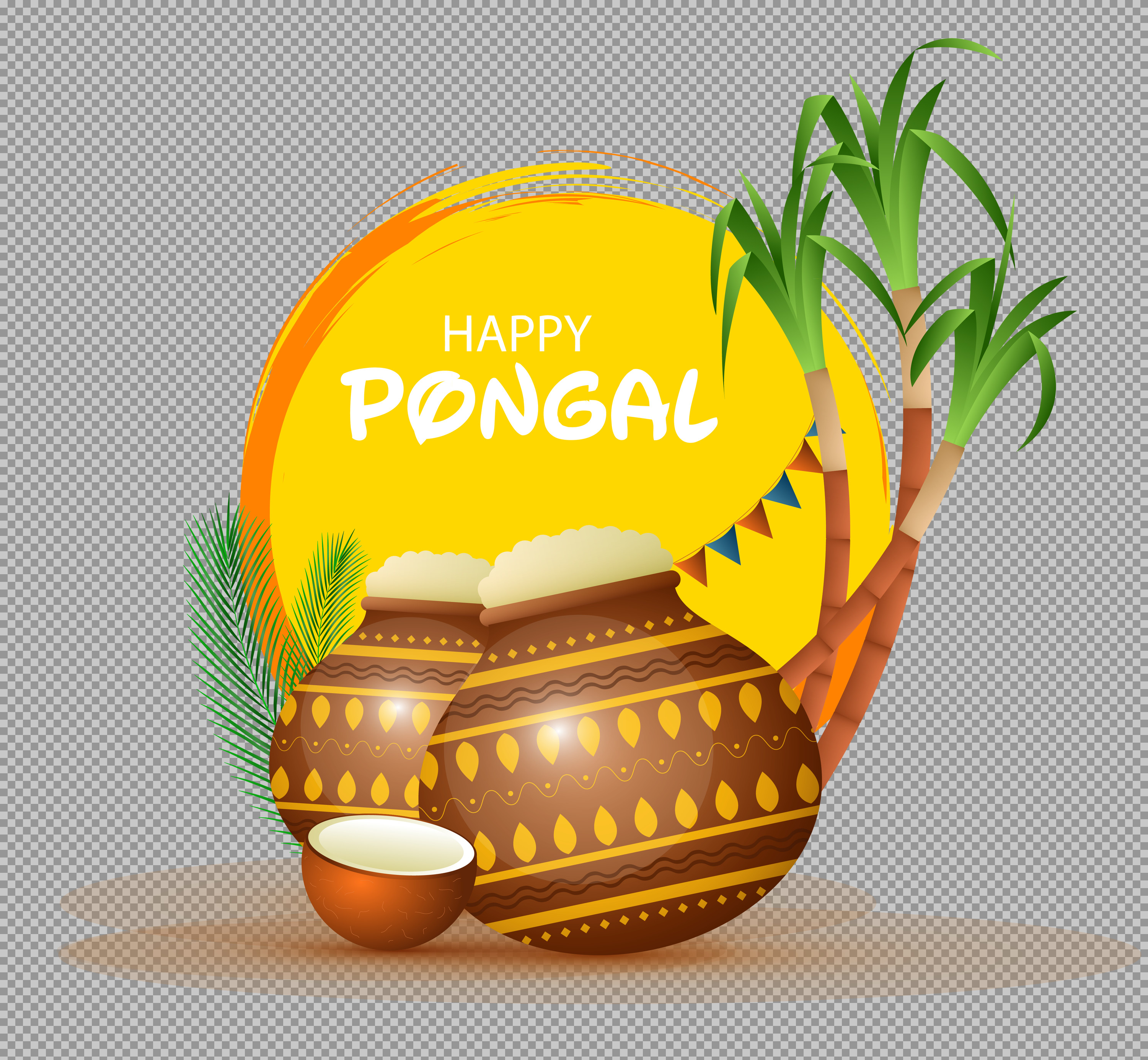 Happy Pongal PNG | Traditional Pots & Sugarcane Festival Illustration