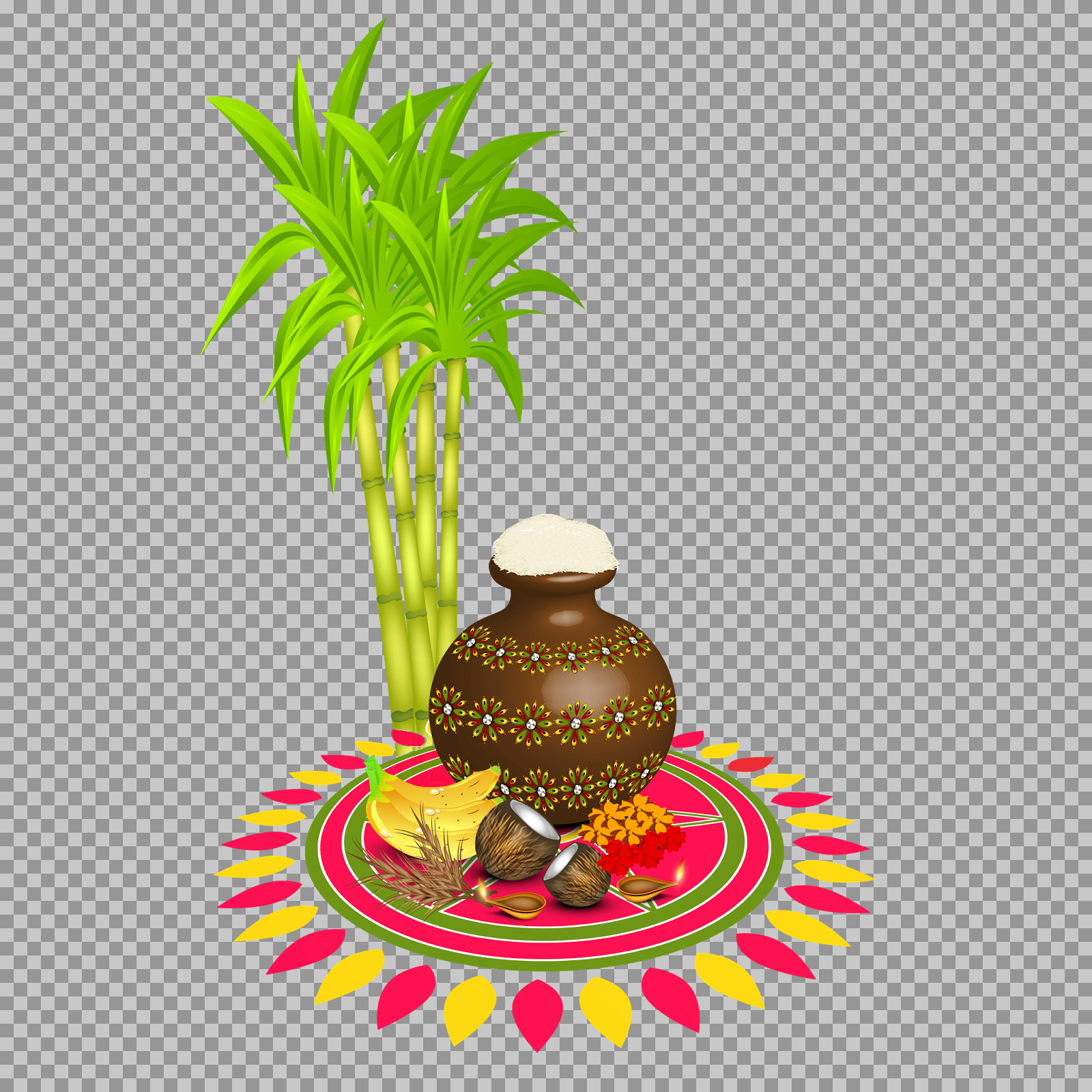 Happy Pongal PNG Clipart - Pot, Sugarcane & Rangoli Vector