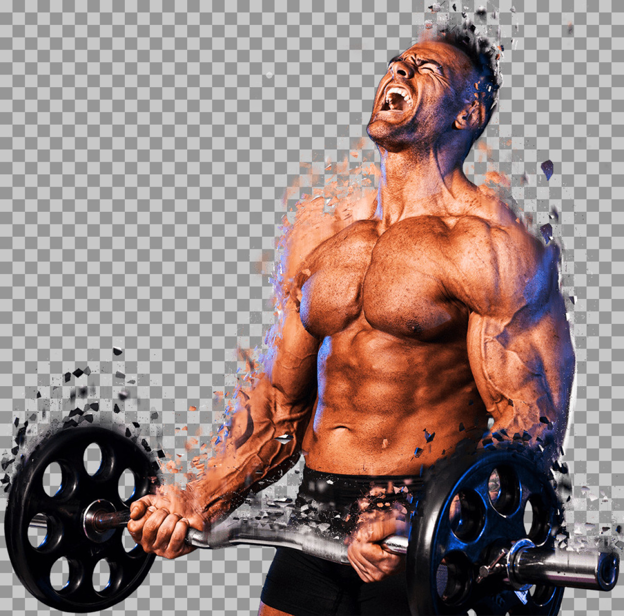 Intense Bodybuilder Barbell Curl | Dispersion Effect PNG Download