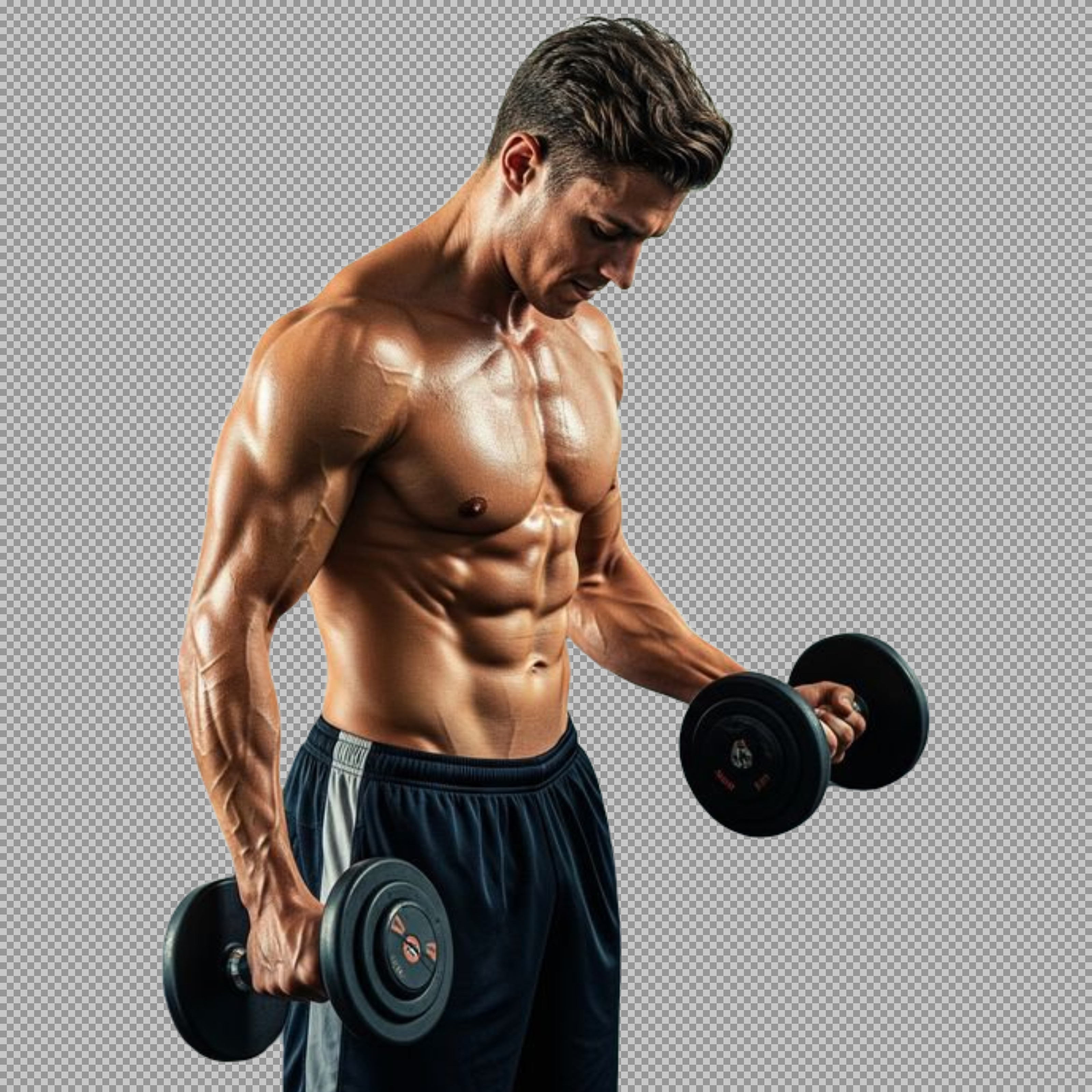 Muscular Man Doing Dumbbell Curls PNG | Ripped Fitness Model