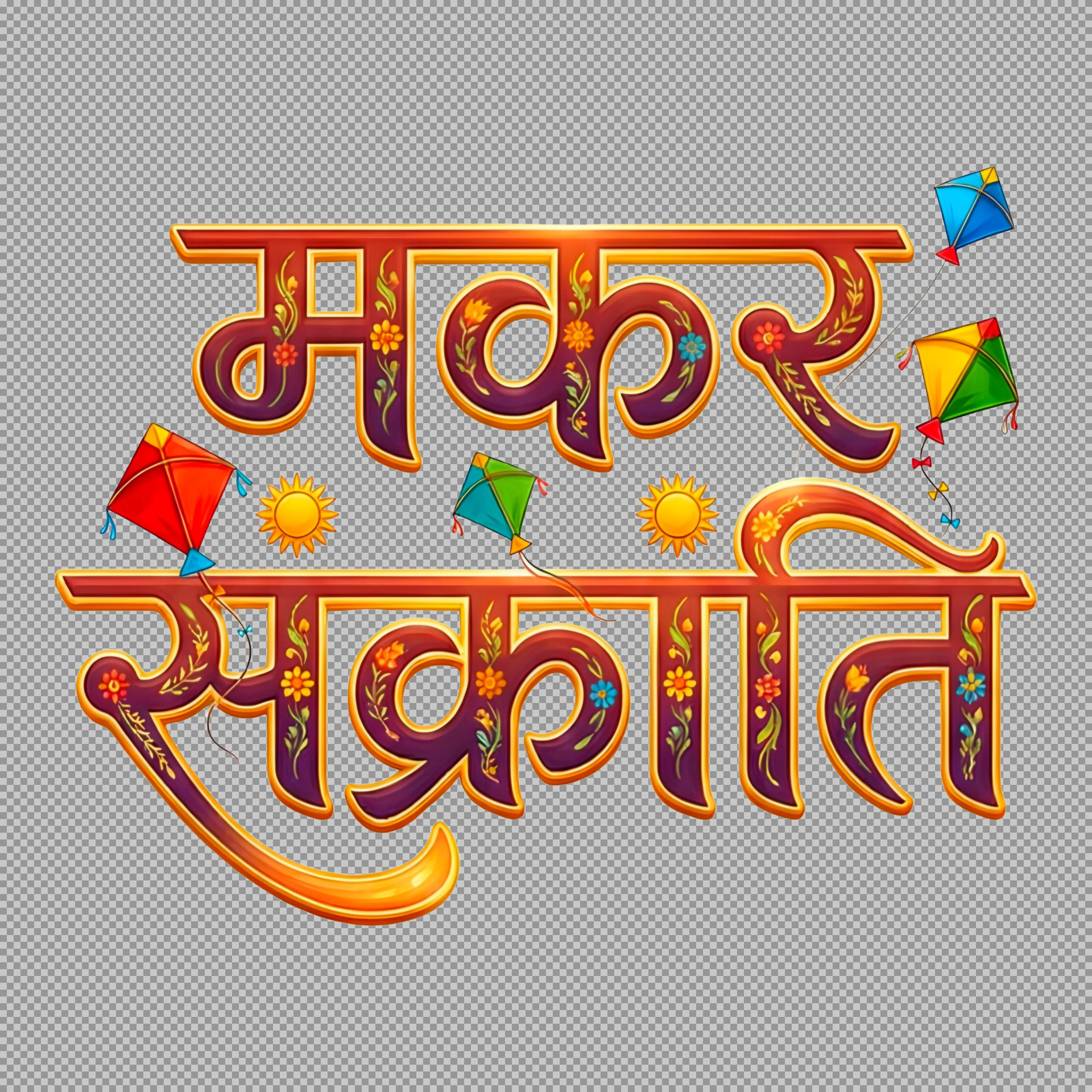Makar Sankranti Hindi Calligraphy PNG with Kites | Free Transparent Festival Image
