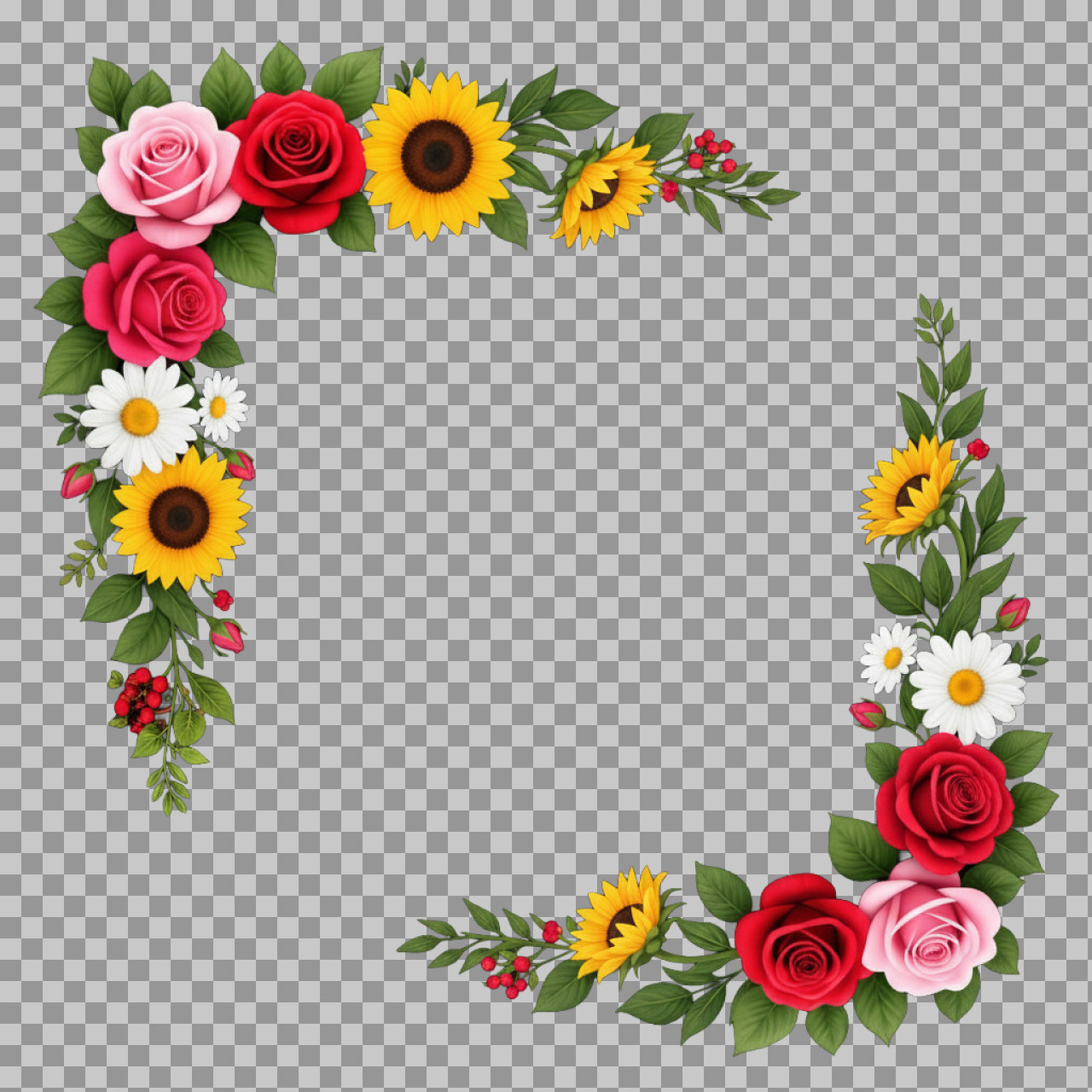 Rose & Sunflower Floral Border PNG | Decorative Flower Frame Corner