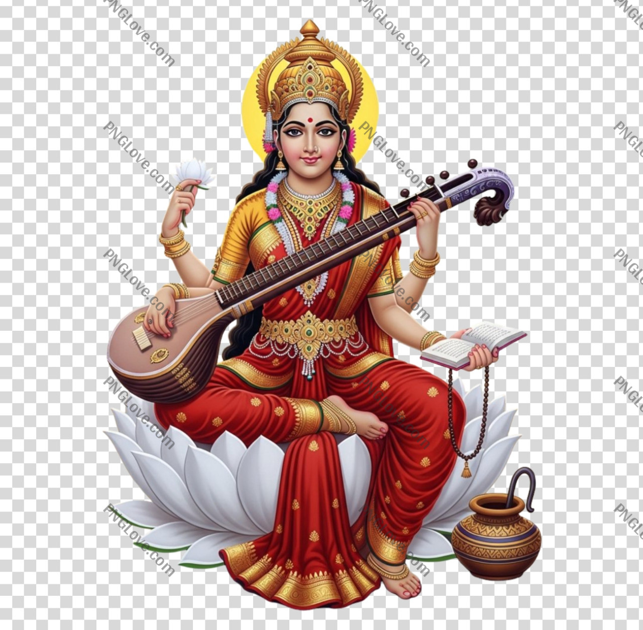 Maa Saraswati PNG in Red Saree | Transparent Background | HD Goddess Saraswati Image...