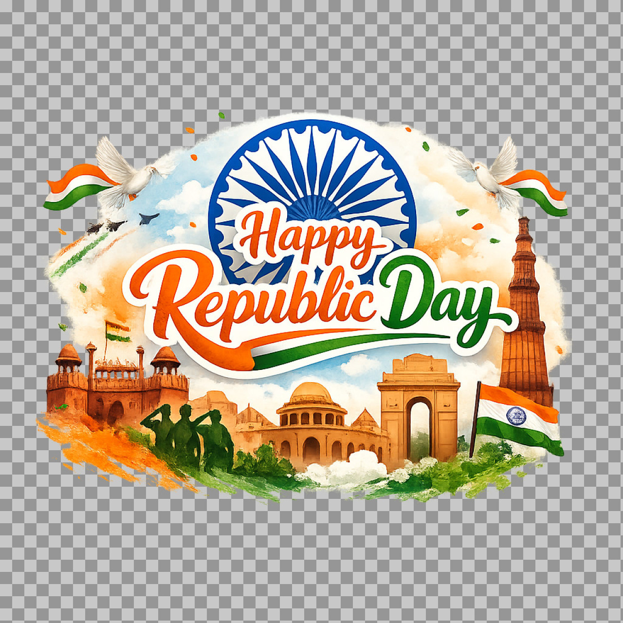 Happy Republic Day PNG with Indian Monuments | Free Download