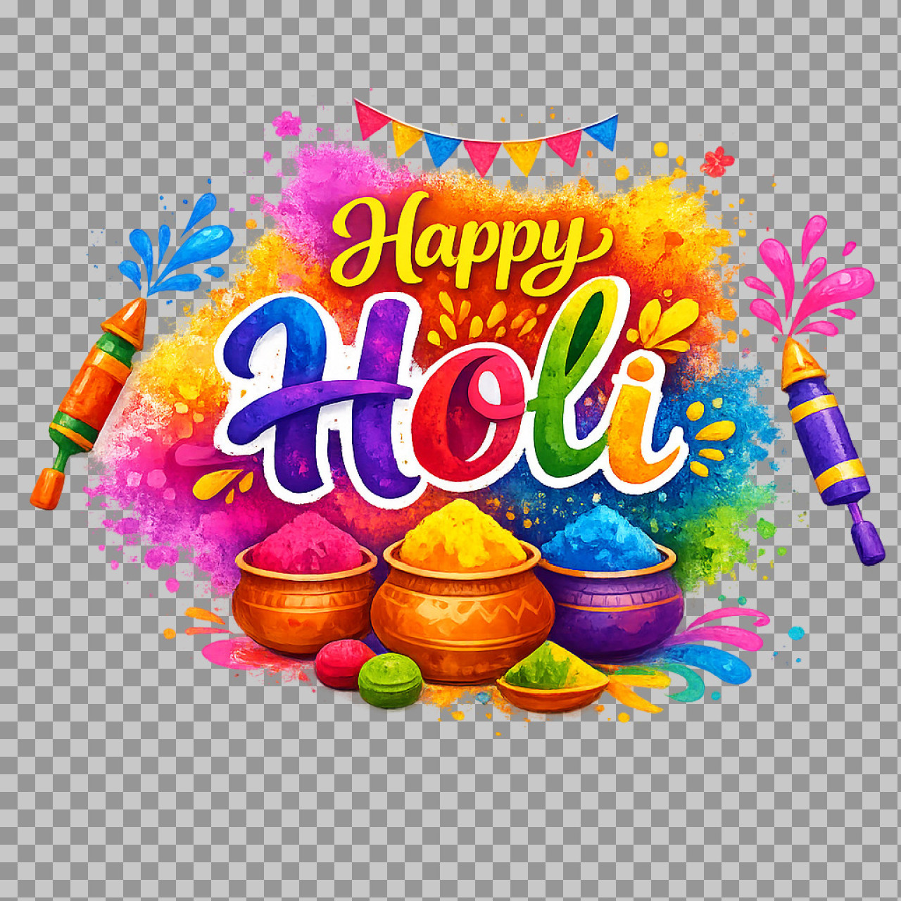 Happy Holi Illustration PNG - Vibrant Festival of Colors Graphic