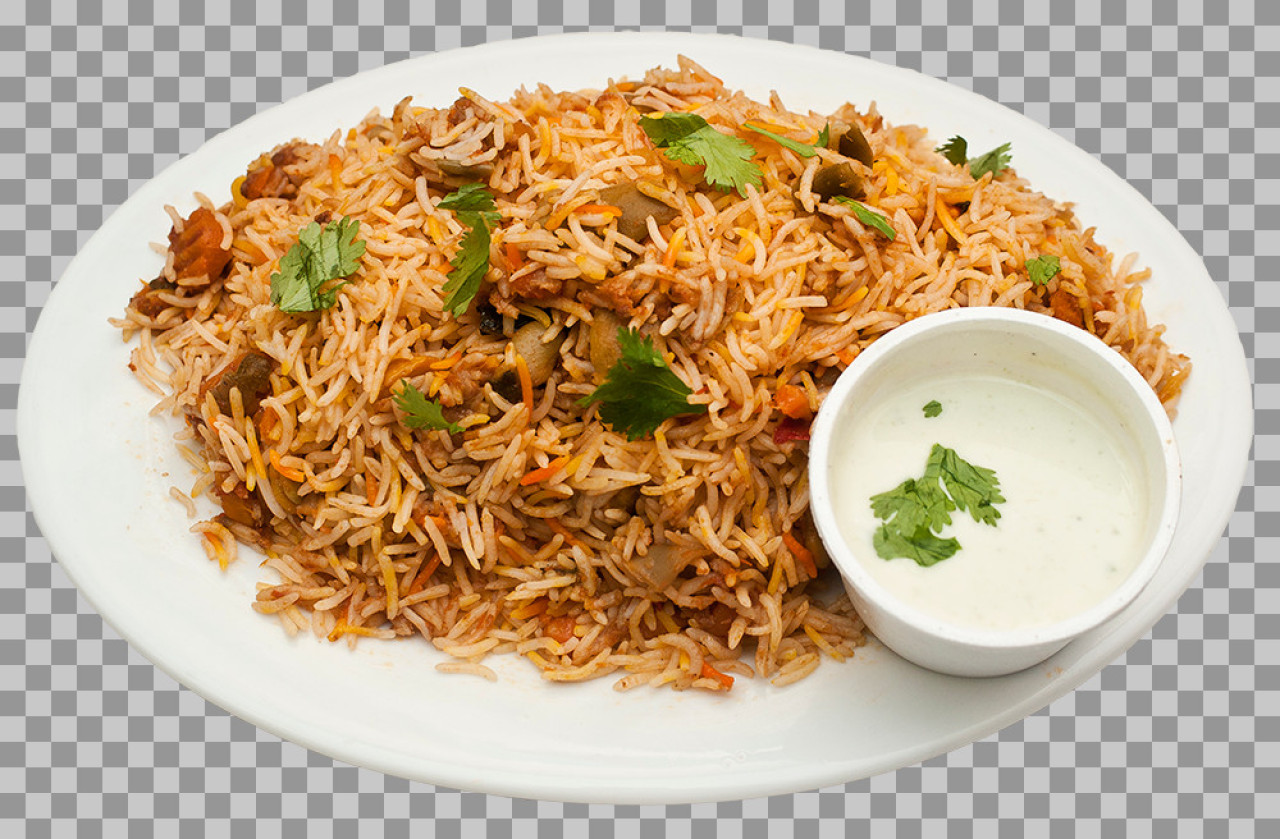 Chicken Biryani with Raita PNG | Plated Indian Rice Dish...