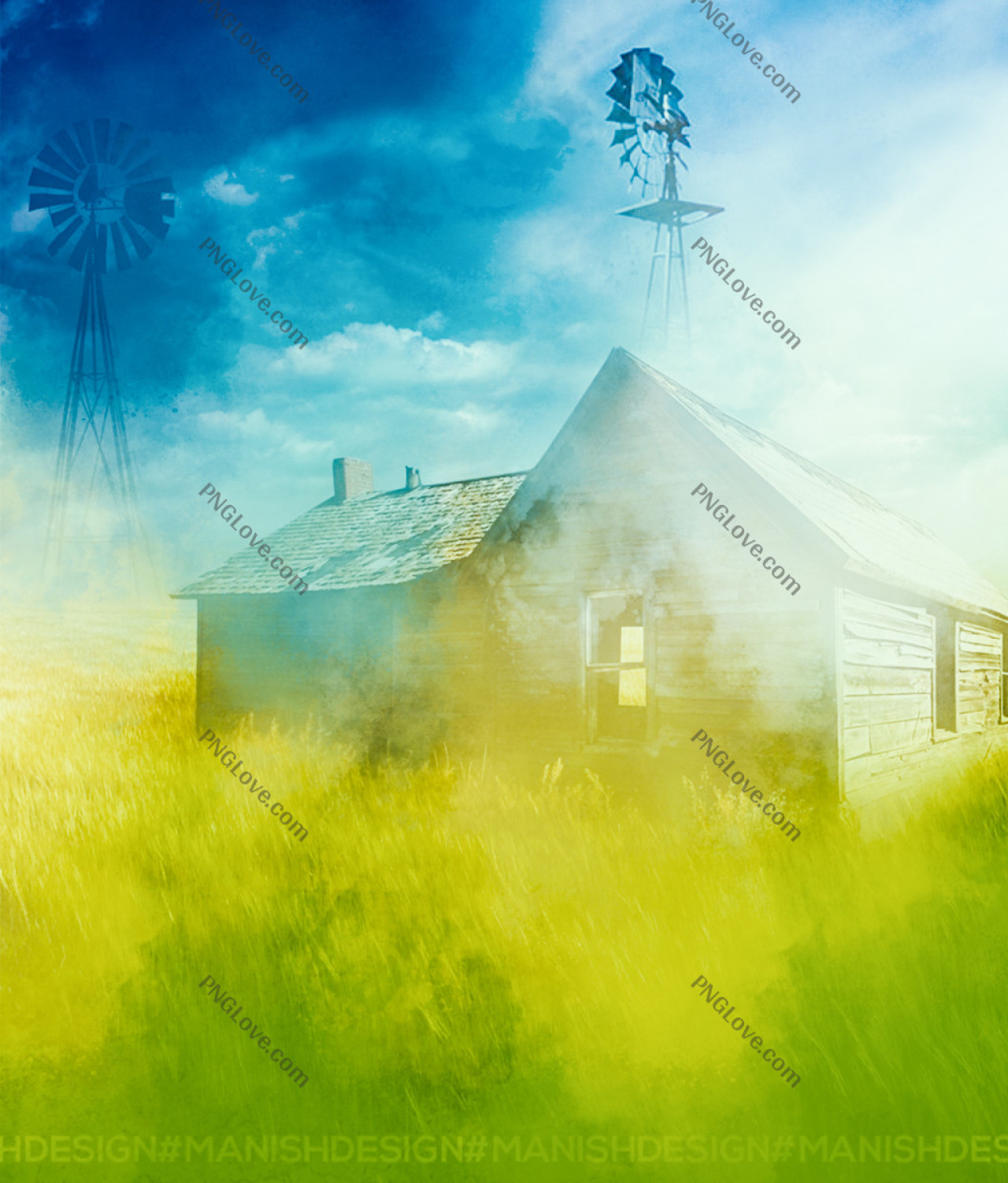 Surreal Farmhouse & Windmill Landscape Background | Artistic Wallpaper