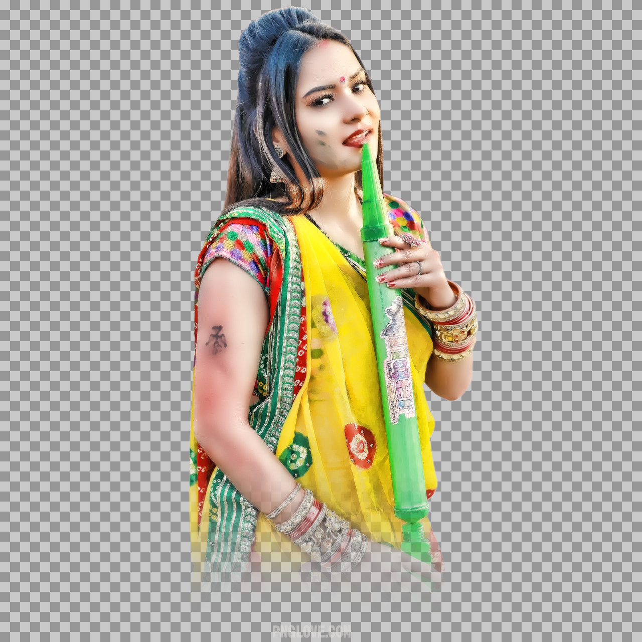 Bhojpuri Model Holi PNG | Girl with Pichkari in Yellow Saree