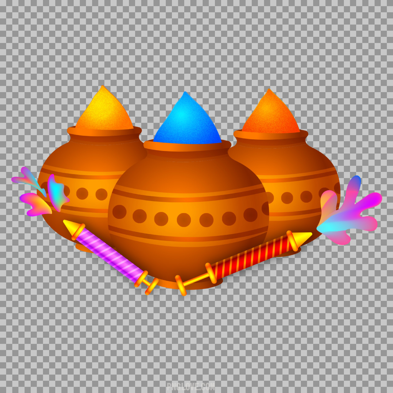 Happy Holi Festival PNG with Color Pots and Pichkari