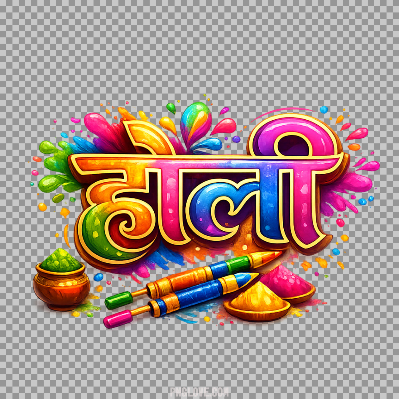 Vibrant "Holi" Hindi Typography PNG | Festival of Colors Illustration...