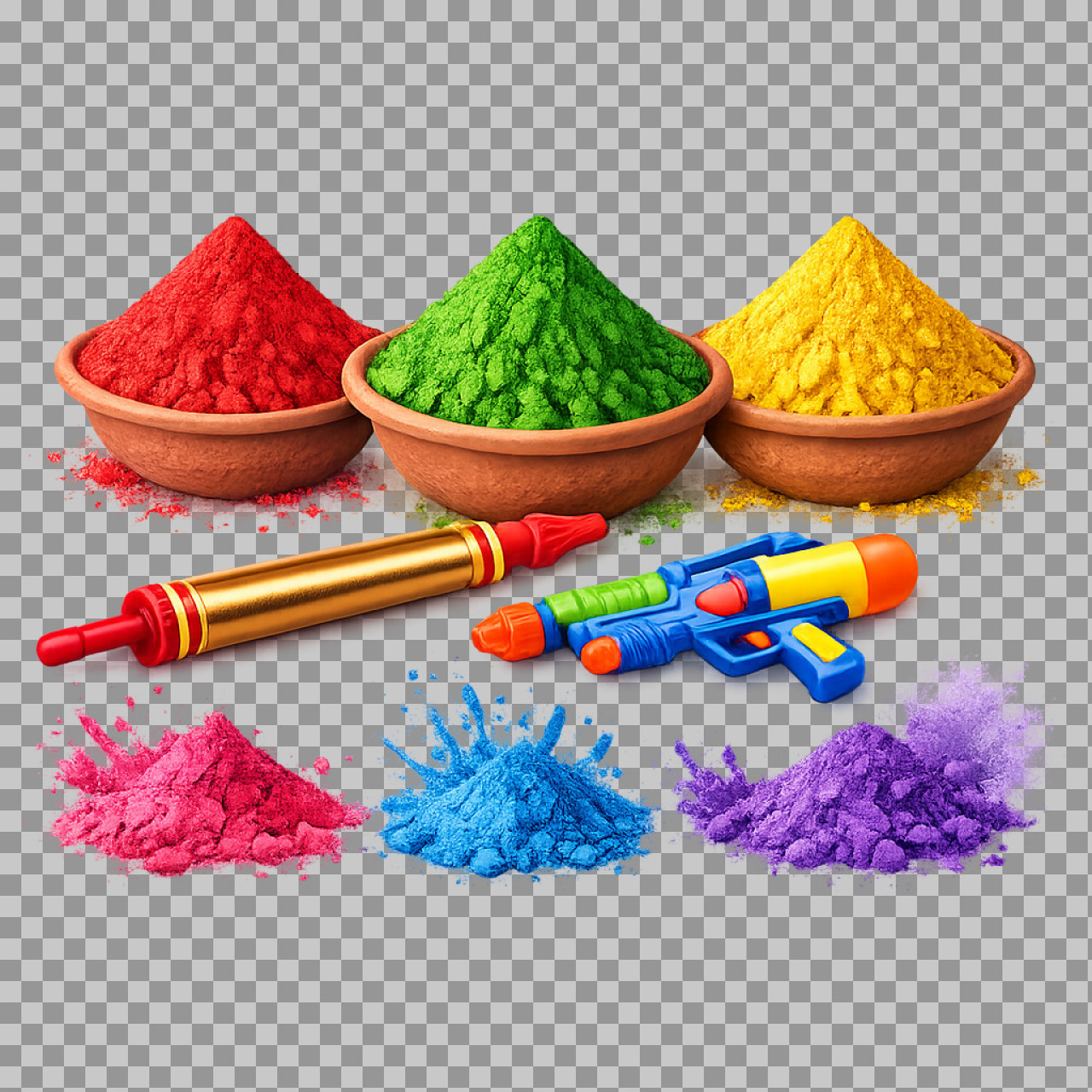 Holi Pichkari and Gulal Powder PNG | Free Festival Elements