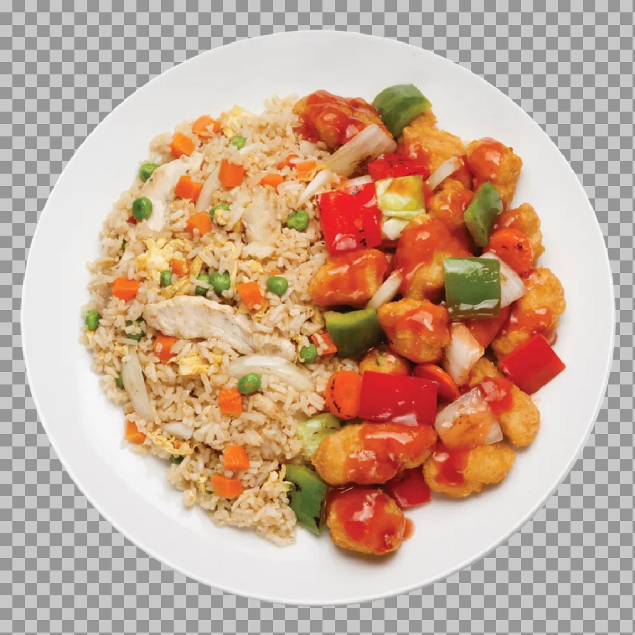 Sweet and Sour Chicken with Fried Rice PNG | Isolated Food Photo