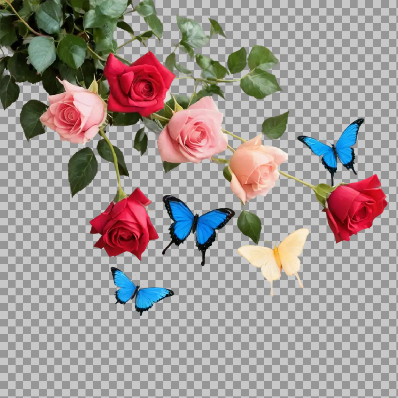 Red and Pink Roses with Butterflies PNG – Floral Transparent Background