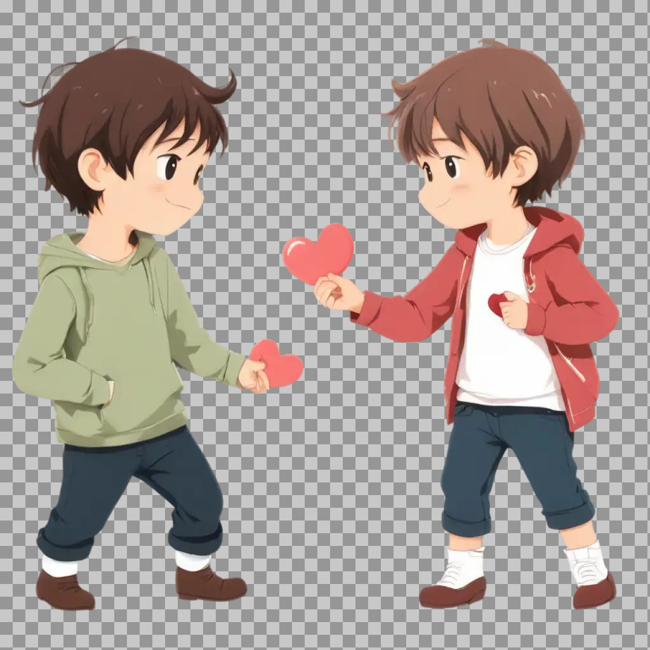 Cute Anime Boys Exchanging Hearts PNG | Friendship Illustration