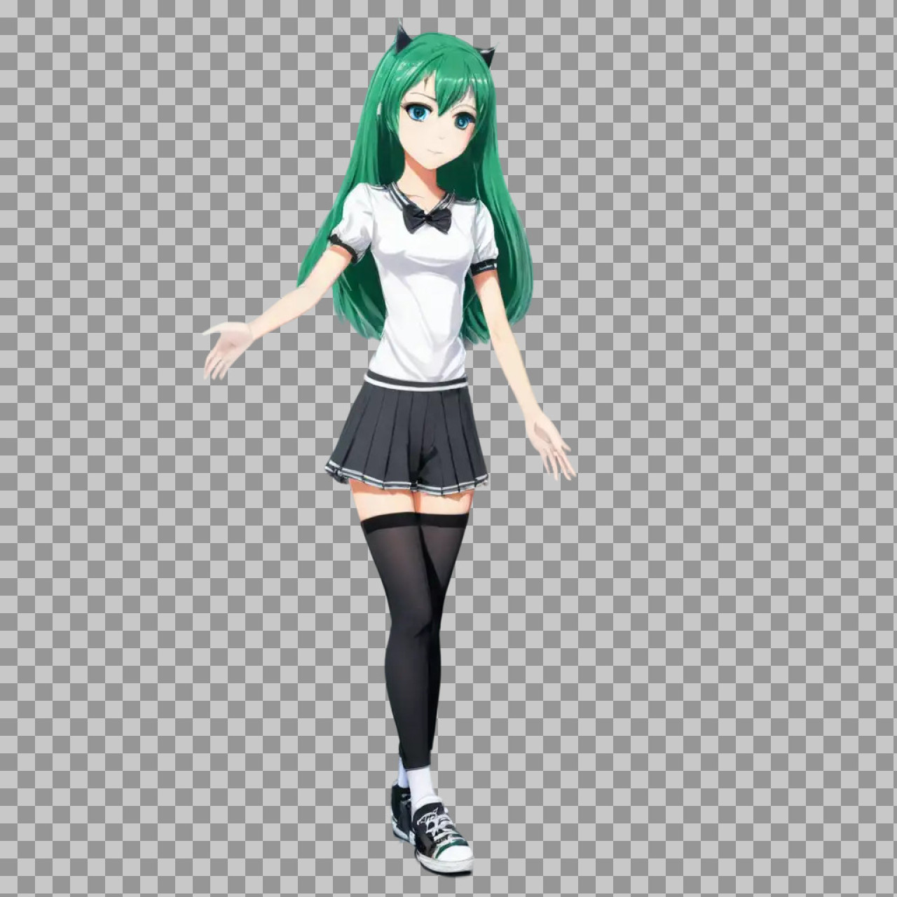 Anime School Girl PNG | Green Hair Manga Character