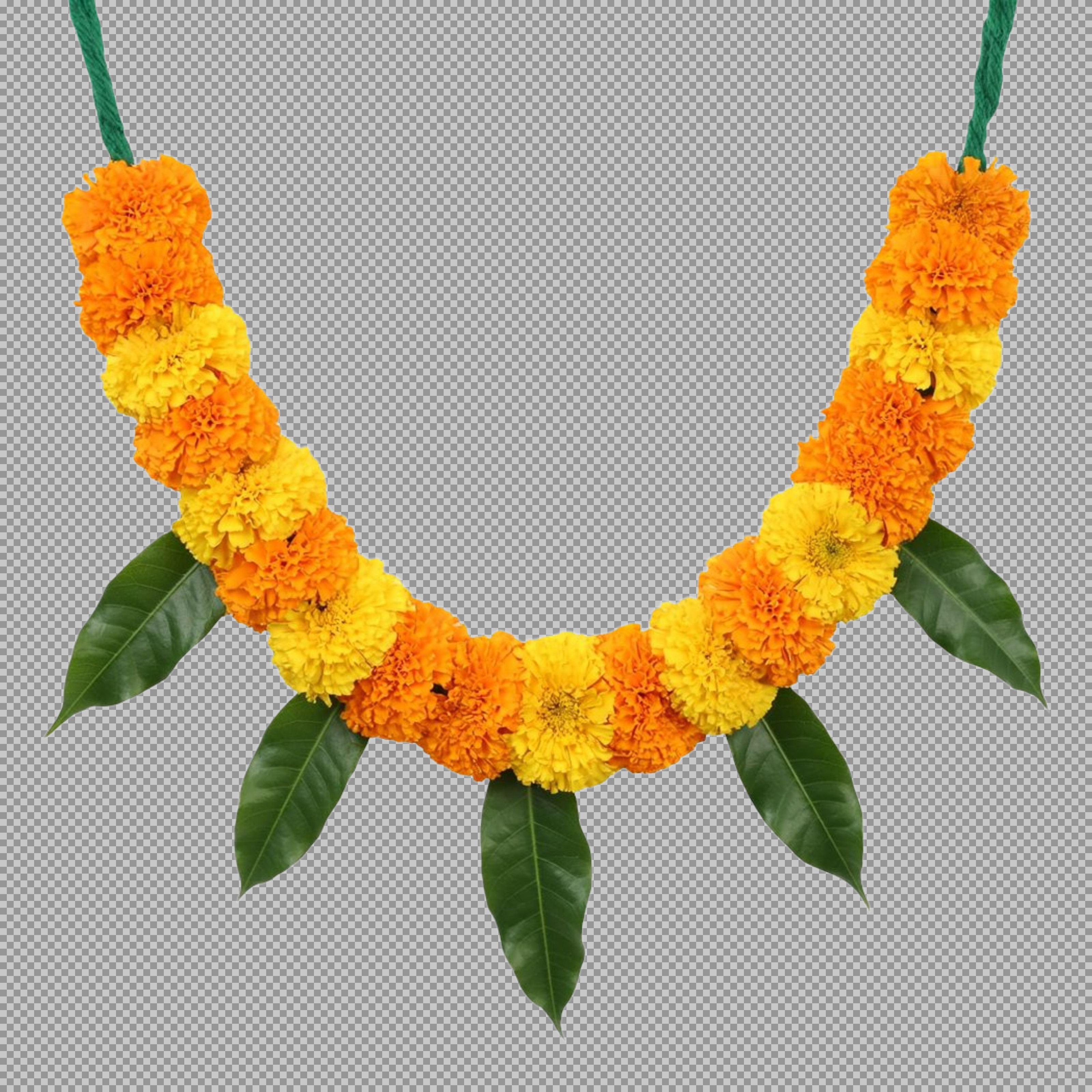 Traditional Marigold Flower Garland PNG with Mango Leaves