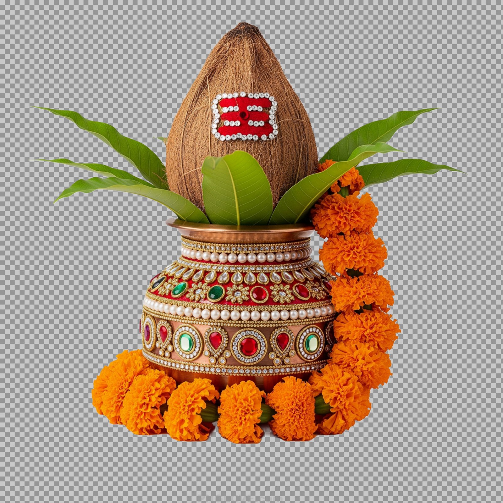 Pooja Kalash which is decorated with coconut and mango leaves png high quality image download