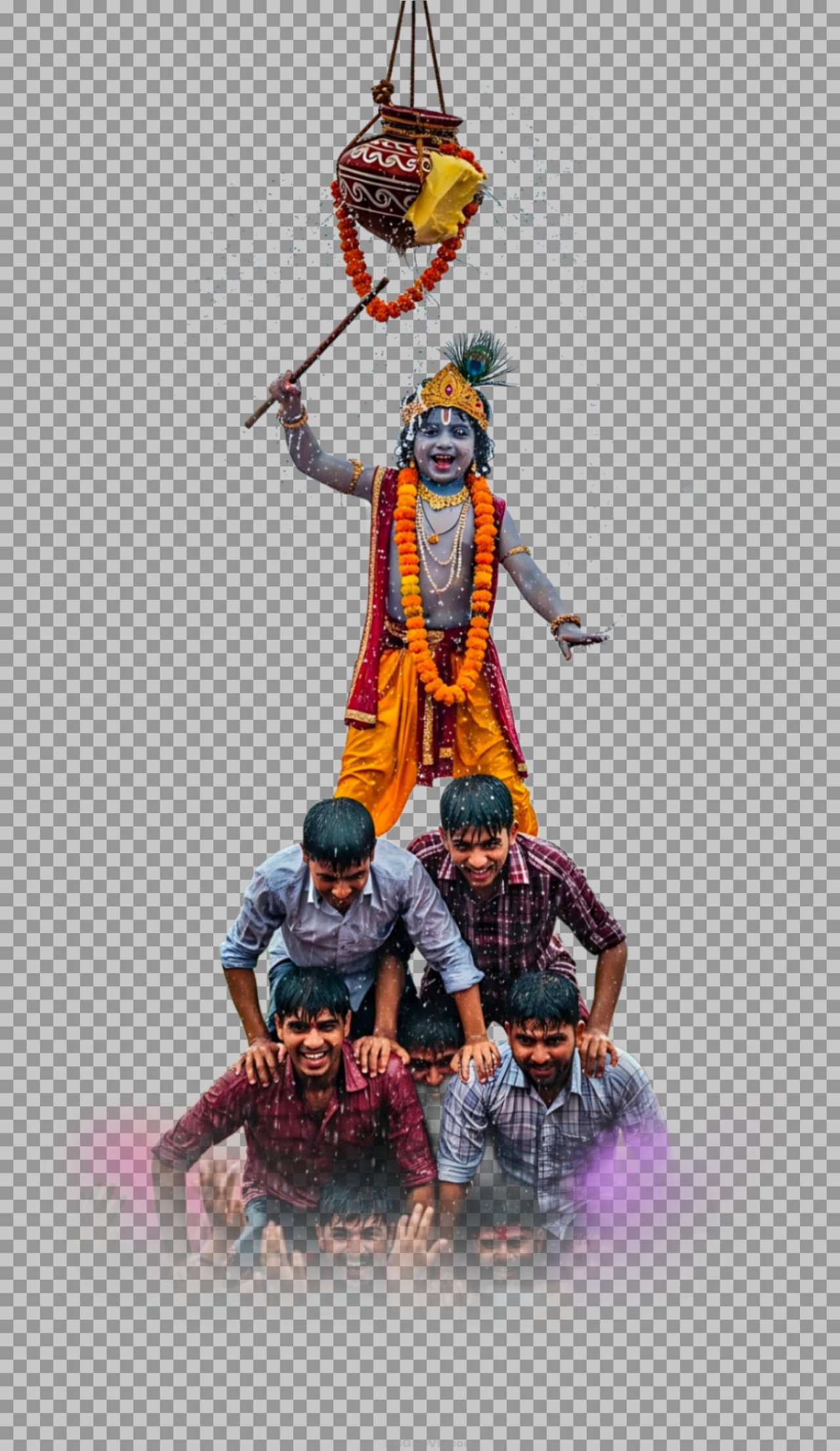 Vibrant Dahi Handi Celebration with Little Krishna PNG Image...