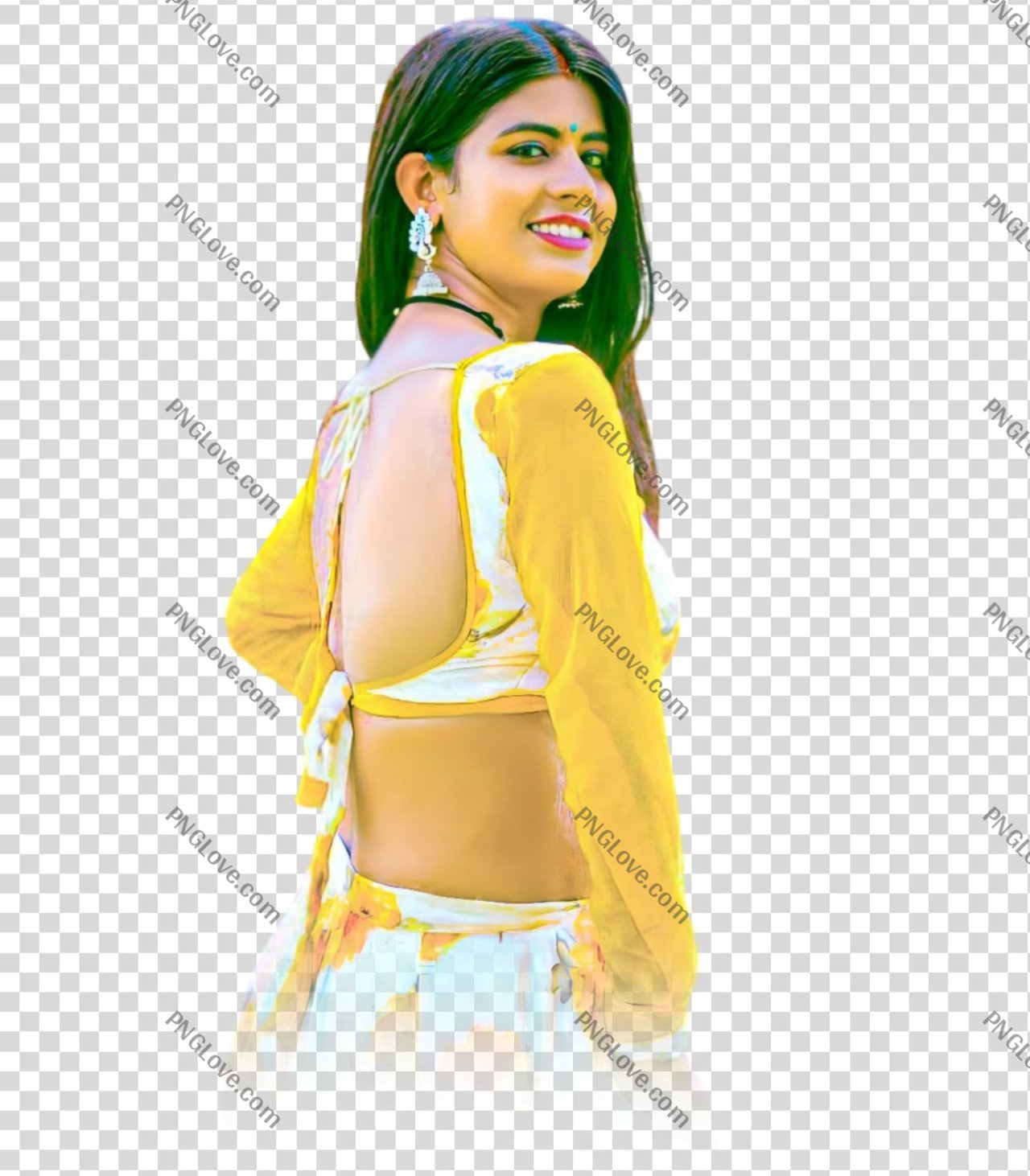 Indian Girl in Yellow Backless Lehenga Choli PNG transparent image
