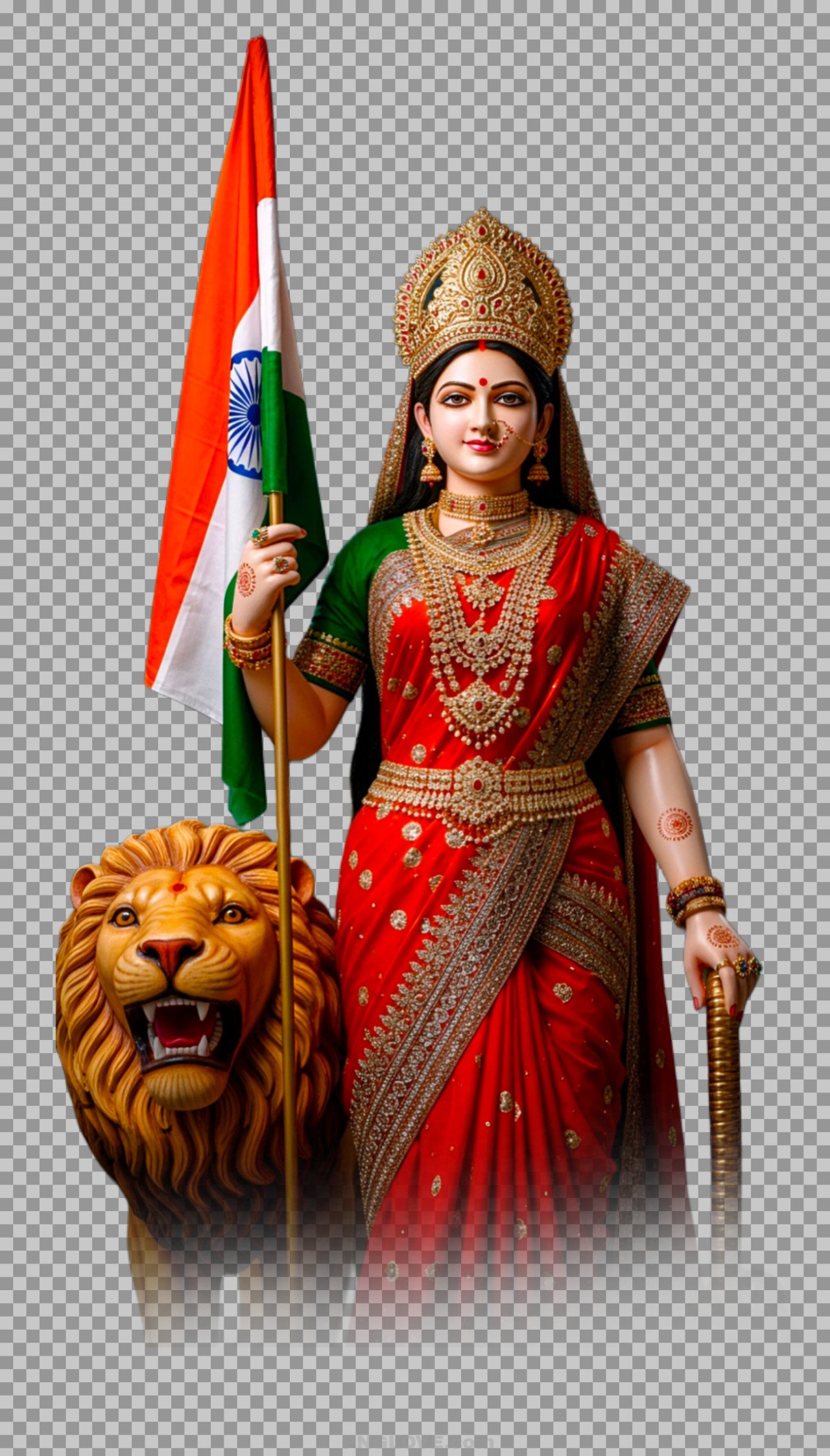Bharat Mata with Indian Flag and Lion PNG