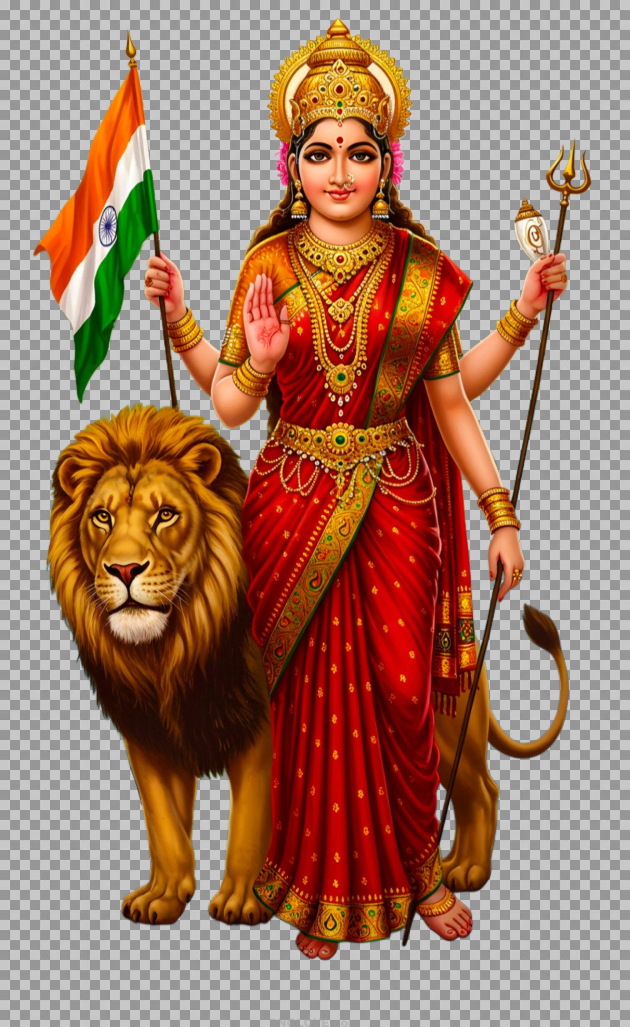 Bharat Mata PNG Image with Trishul, Indian Flag & Lion – HD Transparent Background