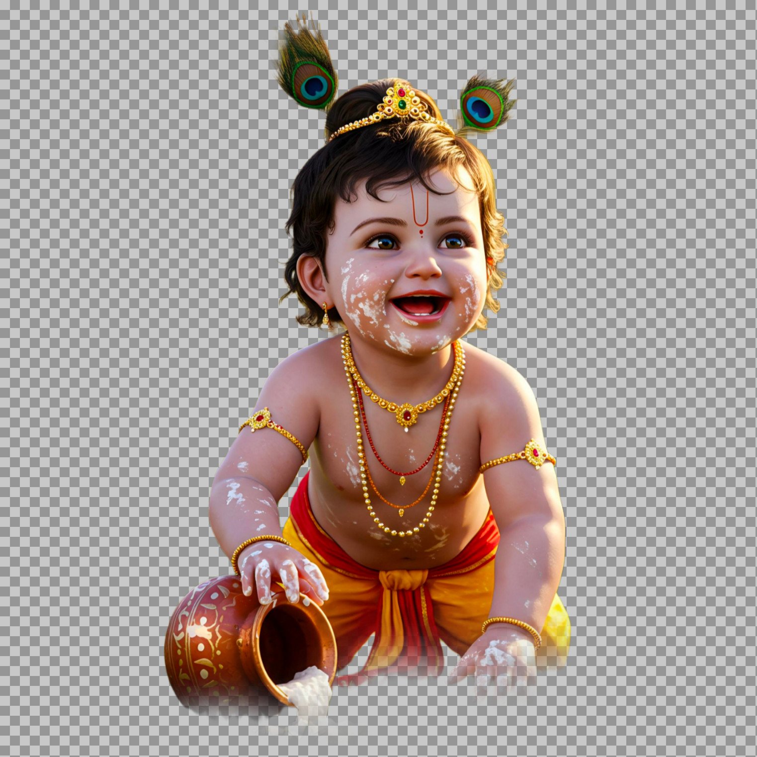 Playful Bal Krishna (Makhan Chor) with Spilled Milk Pot PNG...
