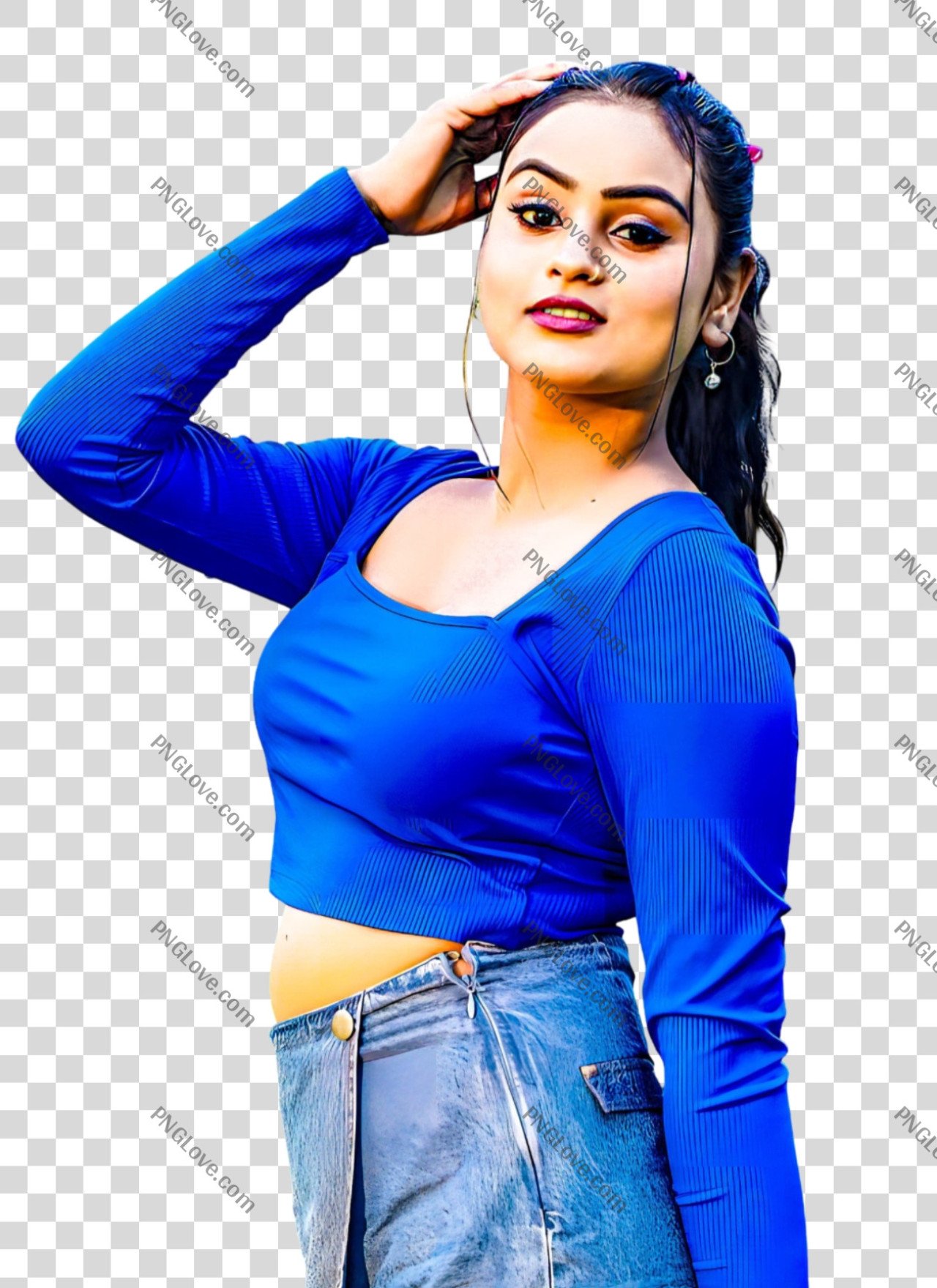 Stylish Woman in Blue Crop Top PNG | Isolated Fashion Model