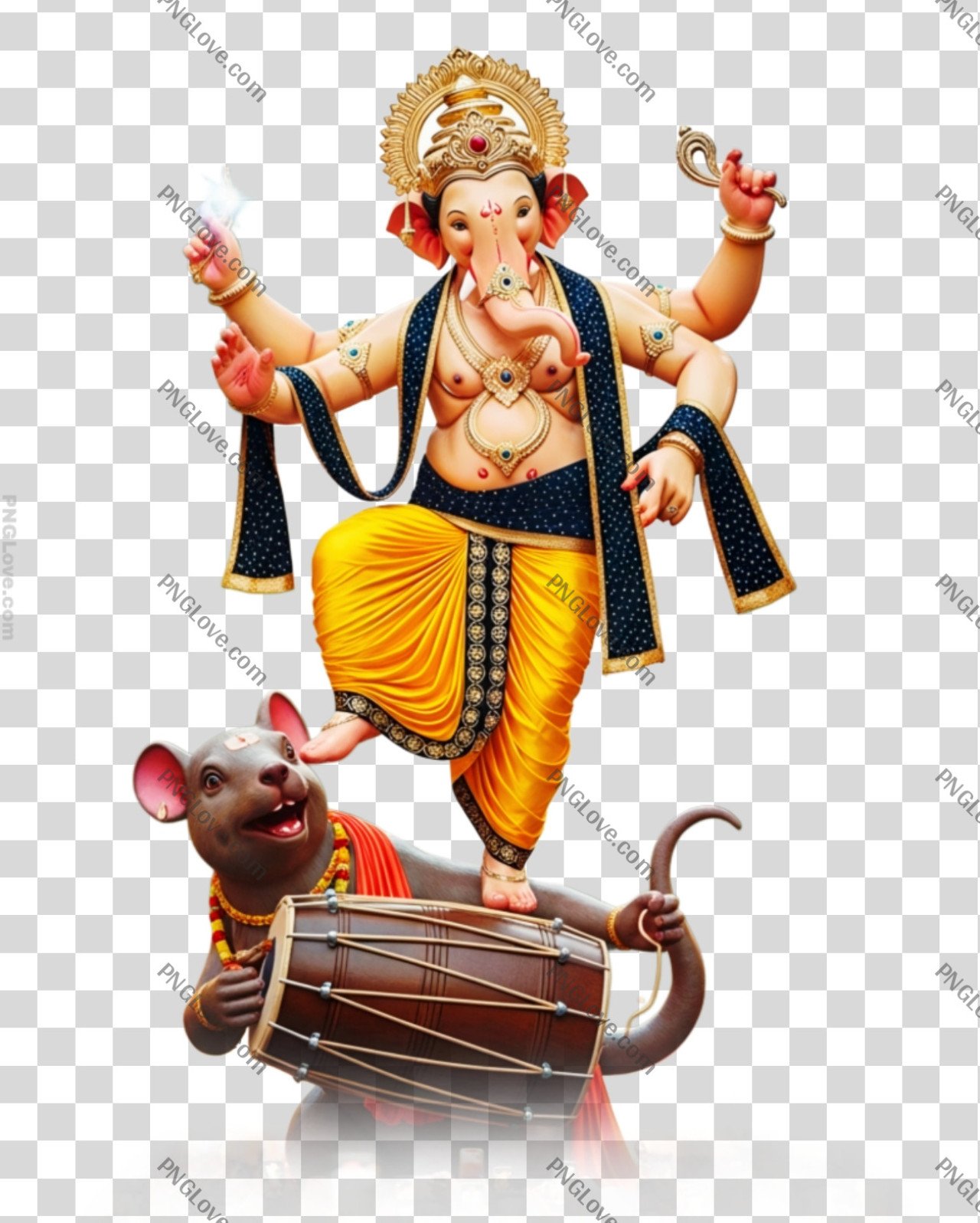 Dancing Ganesha with Mushika Playing Dhol PNG